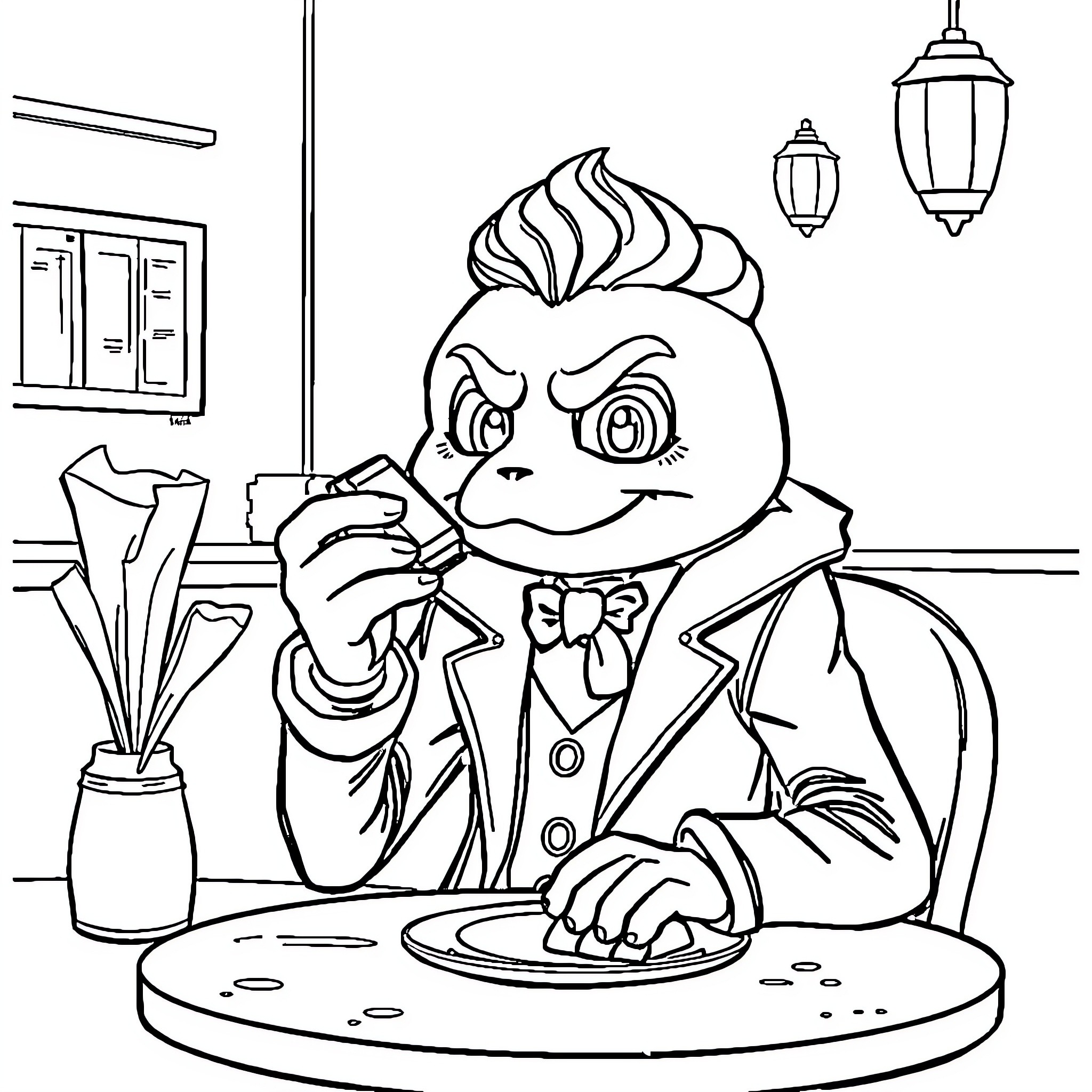 Cappuccino with a well-dressed character in the cafe Coloring Page (free black-and-white line drawing printable PDF for all, from beginners to advanced learners, including children, teens, adults, and seniors)