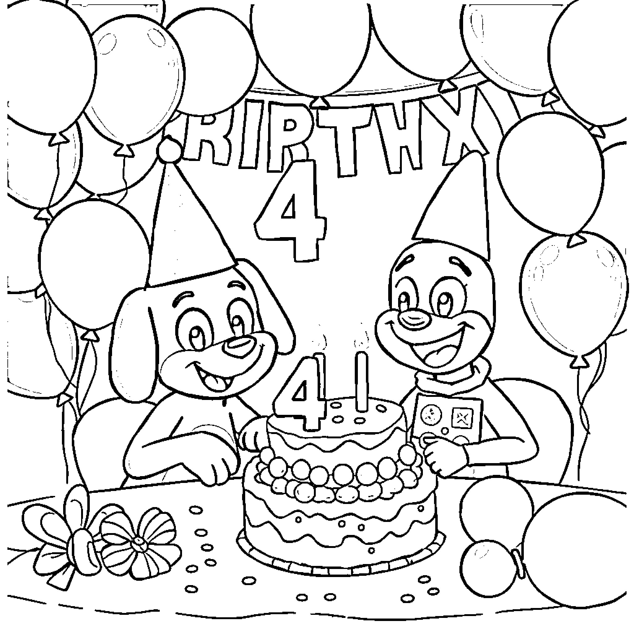 Bluey's 4th Birthday Celebration Coloring Page (free black-and-white line drawing printable PDF for all, from beginners to advanced learners, including children, teens, adults, and seniors)