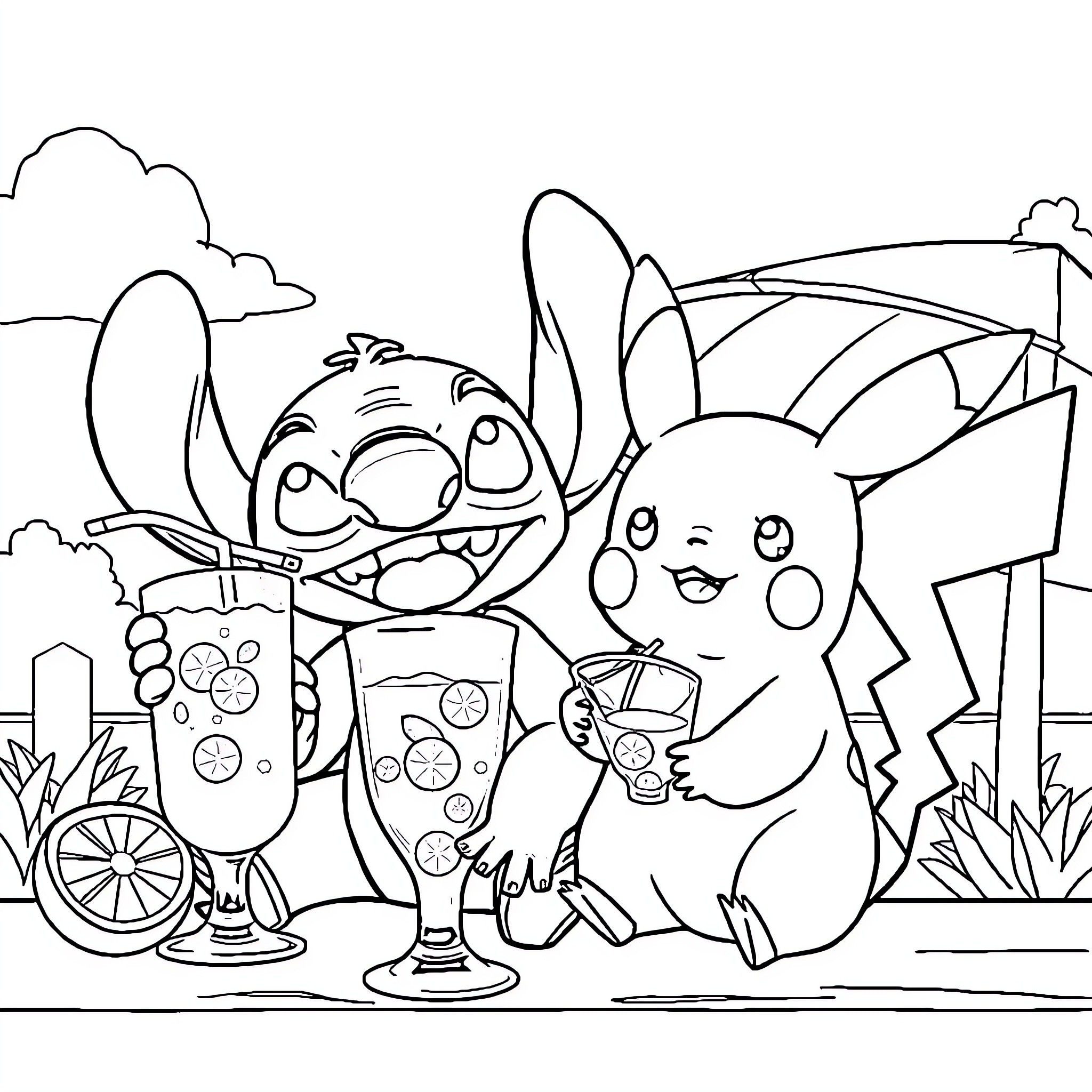 Stitch and Pikachu enjoying summer drinks Coloring Page (free black-and-white line drawing printable PDF for all, from beginners to advanced learners, including children, teens, adults, and seniors)