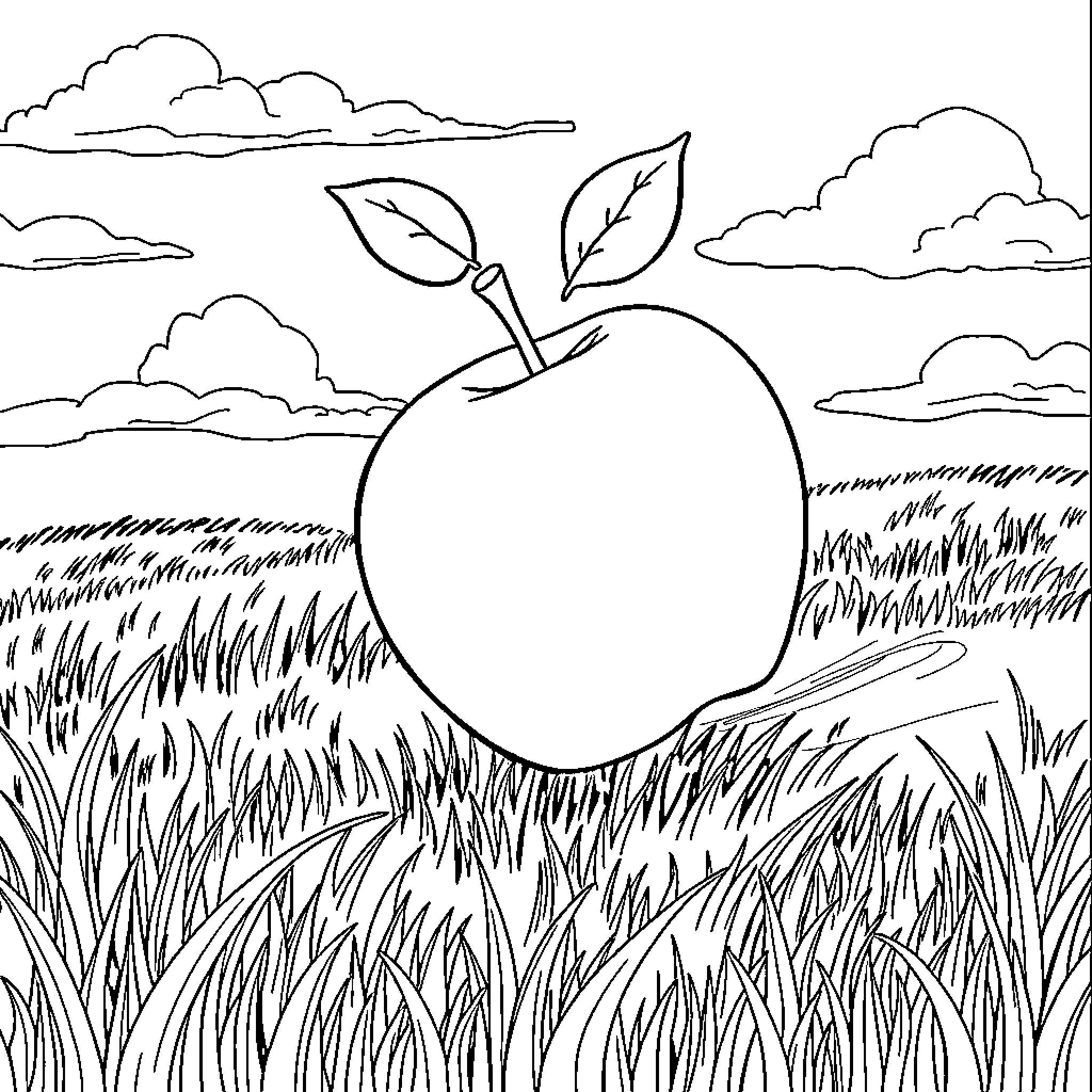 Apple in a Grassy Meadow with Cloudy Sky Coloring Page (free black-and-white line drawing printable PDF for all, from beginners to advanced learners, including children, teens, adults, and seniors)