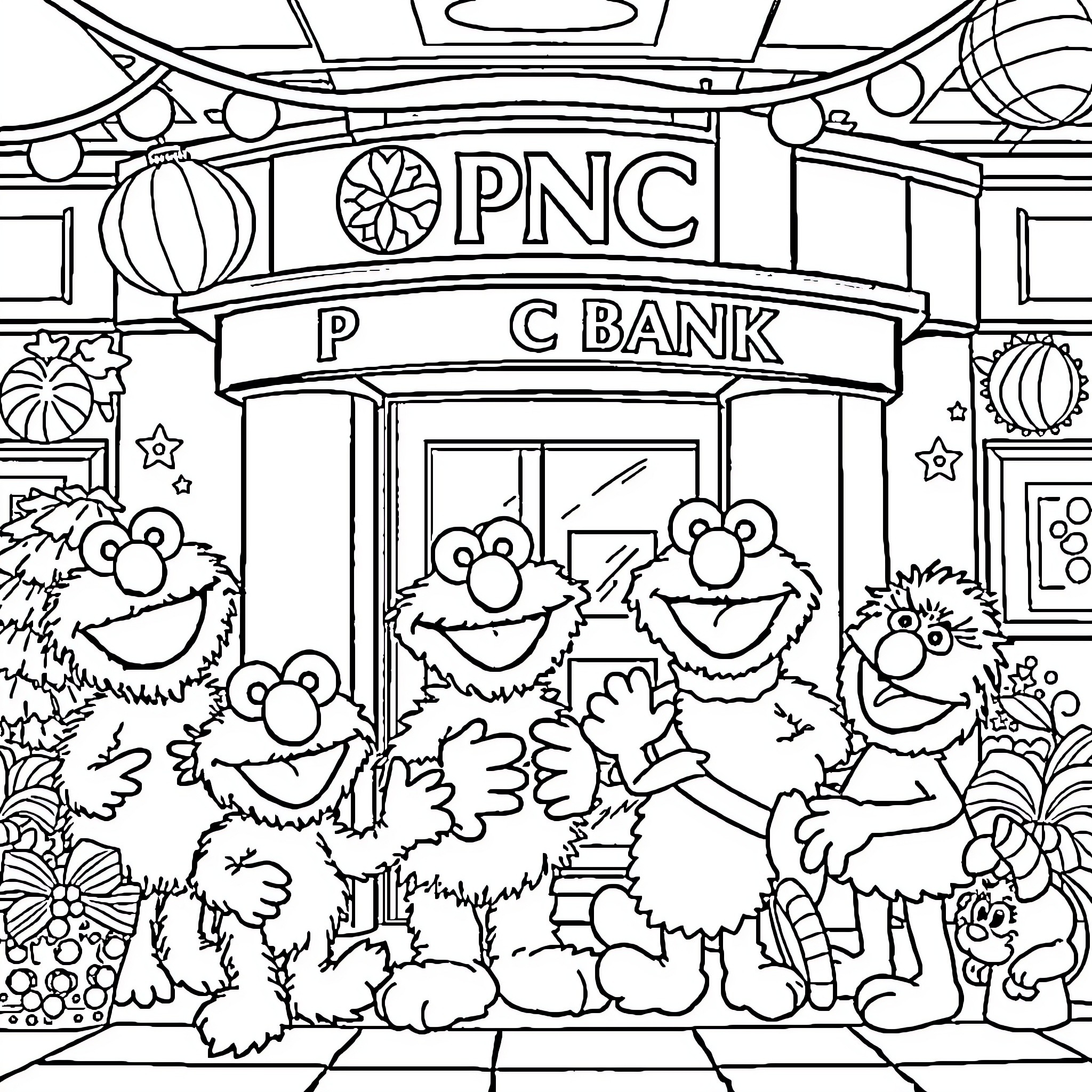 Sesame Street characters at the bank Coloring Page (free black-and-white line drawing printable PDF for all, from beginners to advanced learners, including children, teens, adults, and seniors)
