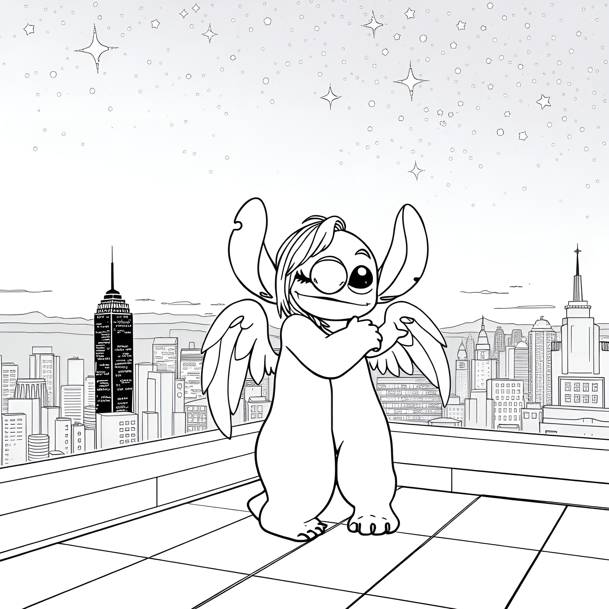 Angel Stitch looking over the city skyline Coloring Page (free black-and-white line drawing printable PDF for all, from beginners to advanced learners, including children, teens, adults, and seniors)