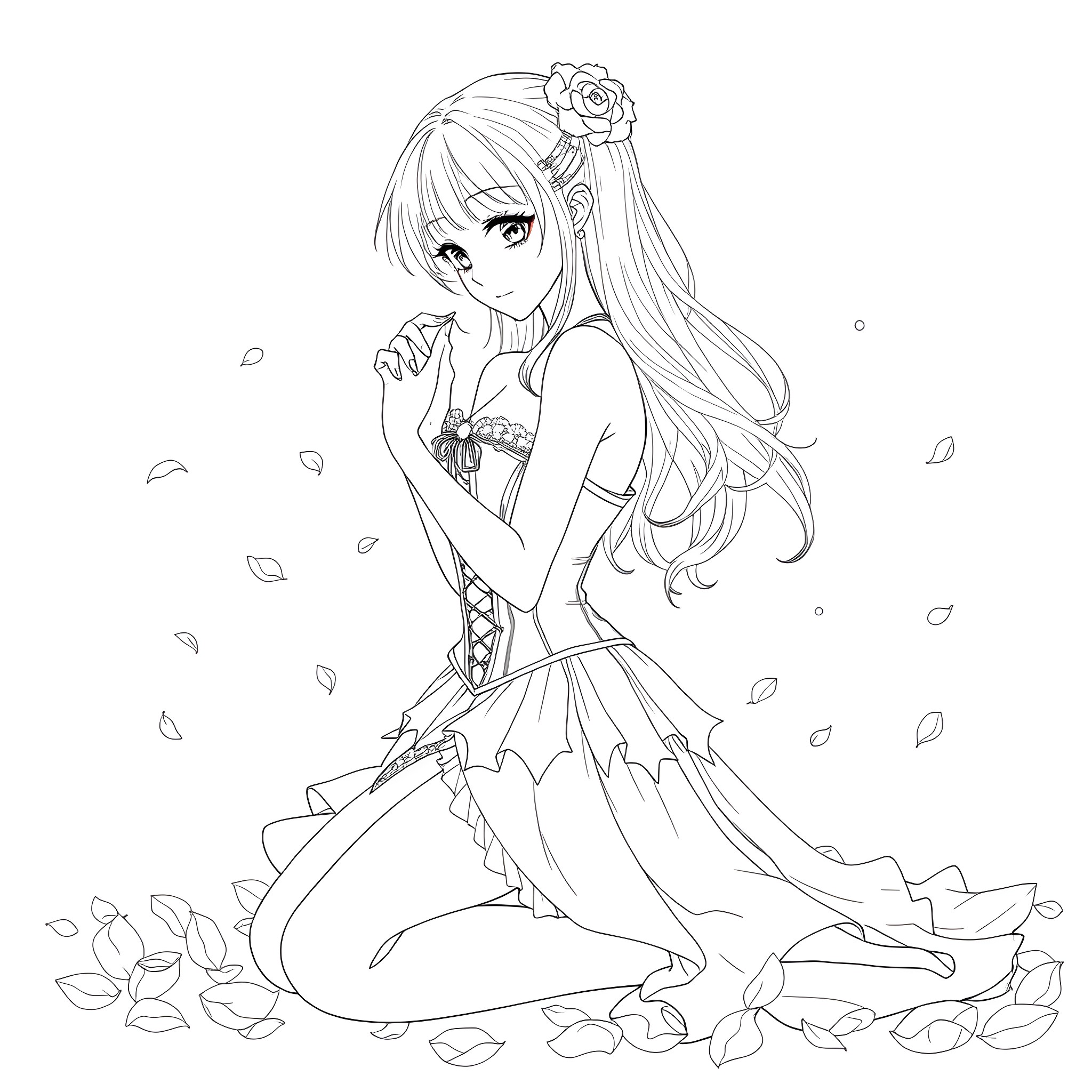 Anime Girl in Elegant Floral Dress Surrounded by Petals Coloring Page (free black-and-white line drawing printable PDF for all, from beginners to advanced learners, including children, teens, adults, and seniors)