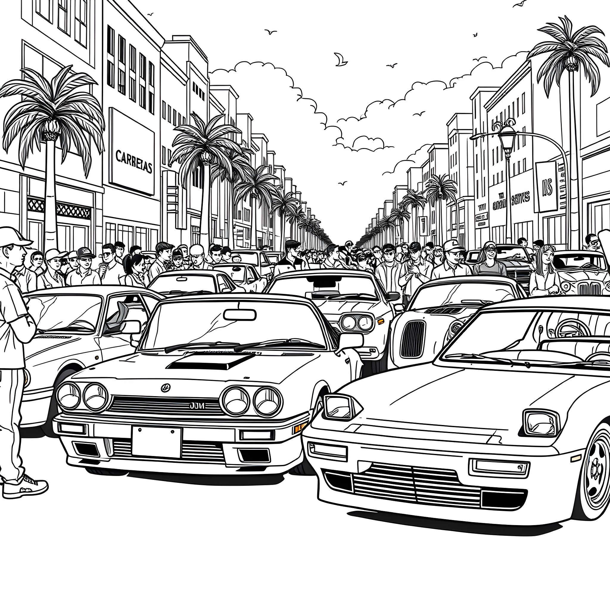 Car Show in a Crowded City Street Coloring Page (free black-and-white line drawing printable PDF for all, from beginners to advanced learners, including children, teens, adults, and seniors)