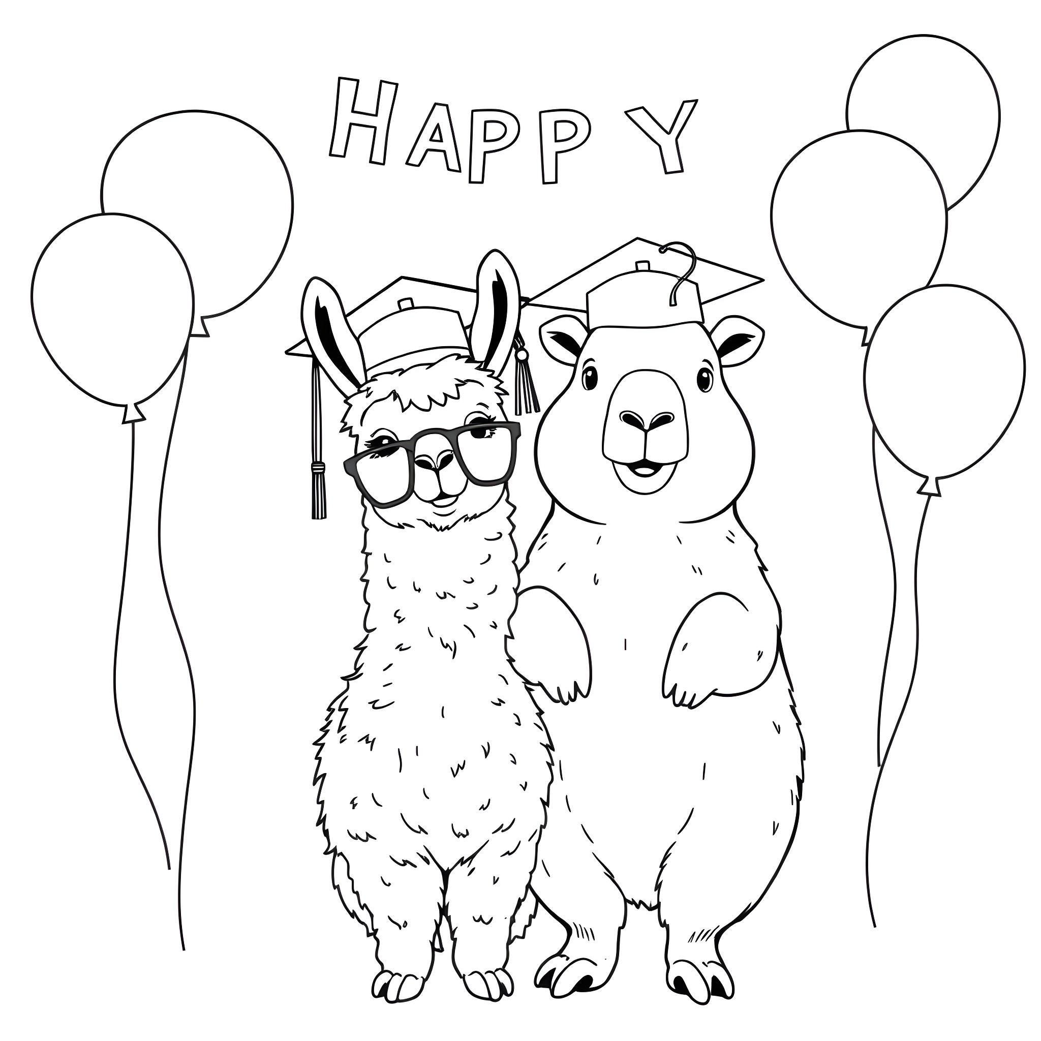 Alpacas Celebrating Happily with Balloons Coloring Page (free black-and-white line drawing printable PDF for all, from beginners to advanced learners, including children, teens, adults, and seniors)