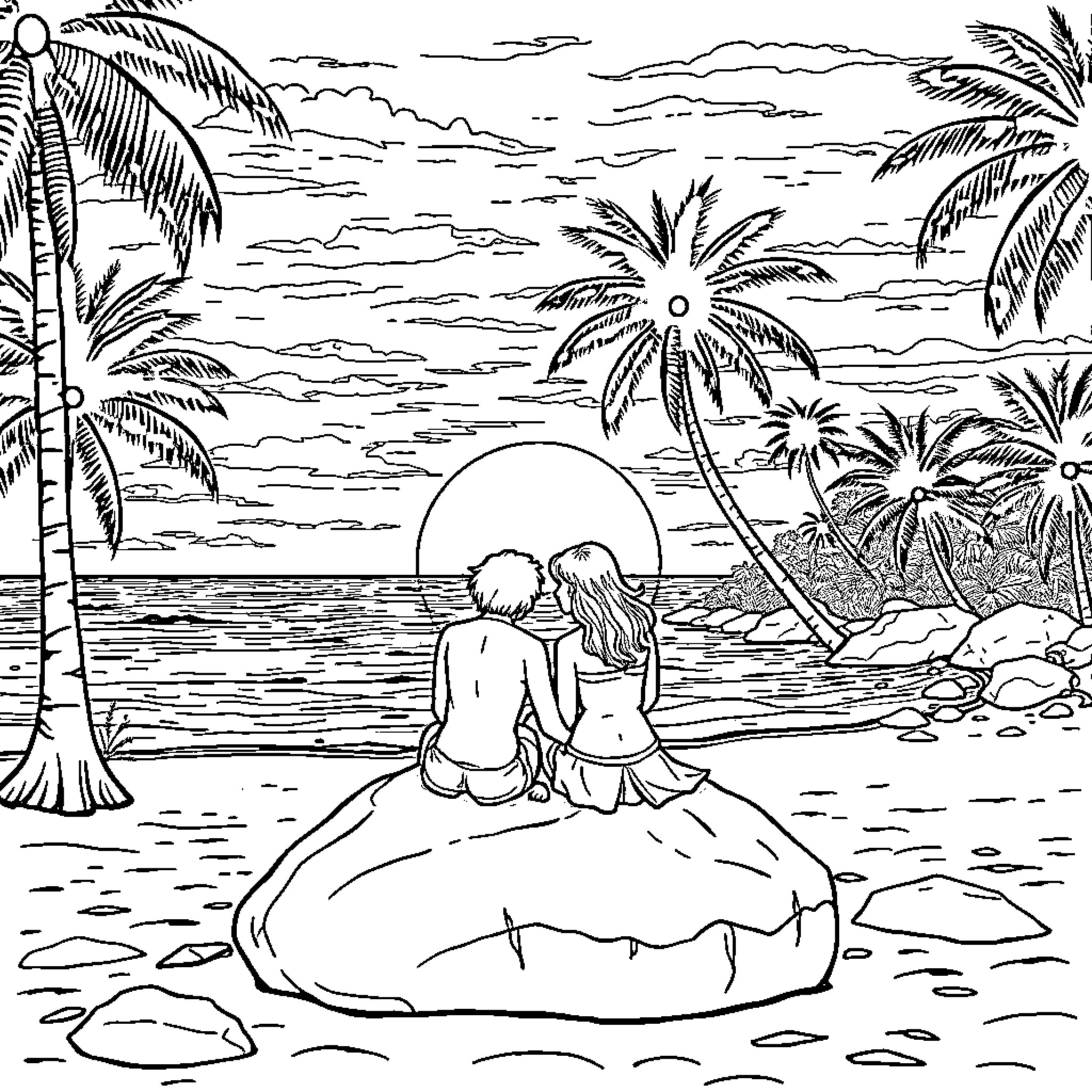 Couple enjoying sunset on tropical beach Coloring Page (free black-and-white line drawing printable PDF for all, from beginners to advanced learners, including children, teens, adults, and seniors)