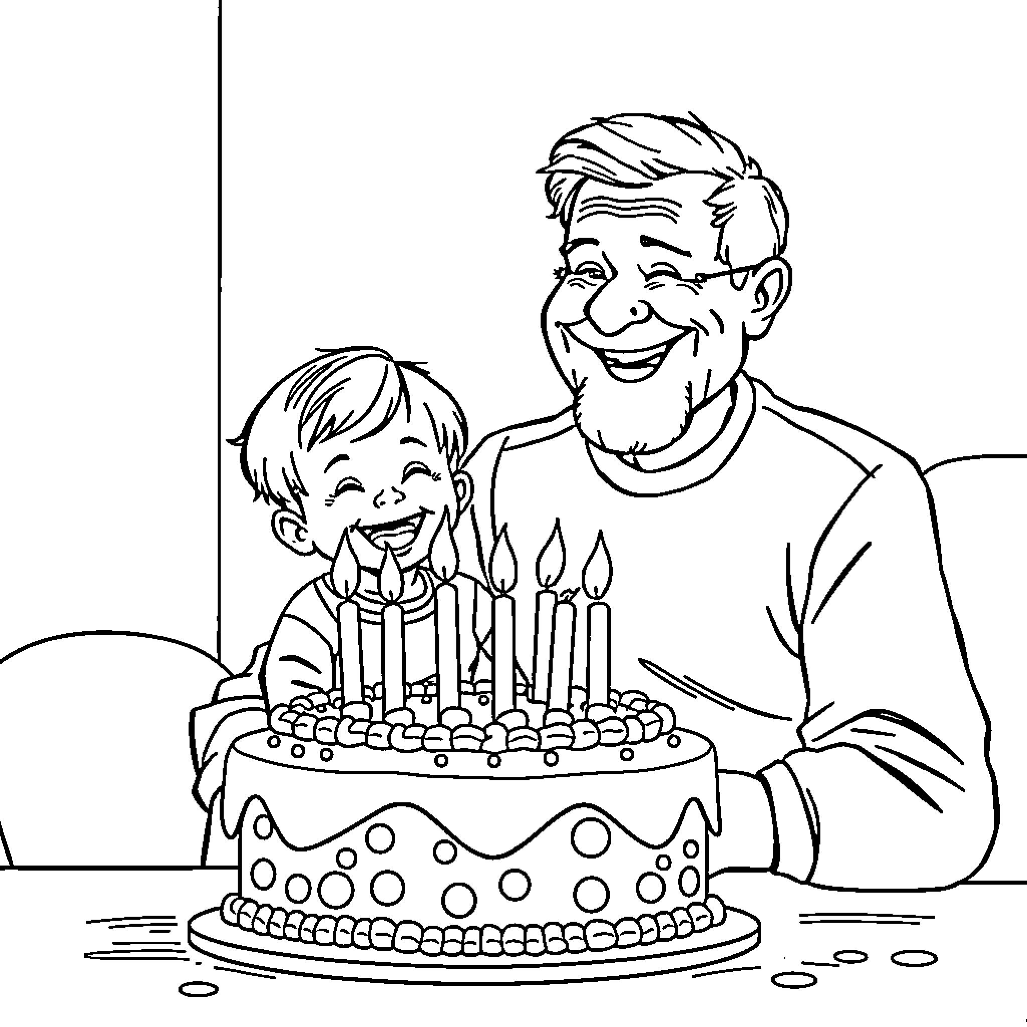 Grandfather and grandson celebrating birthday together Coloring Page (free black-and-white line drawing printable PDF for all, from beginners to advanced learners, including children, teens, adults, and seniors)