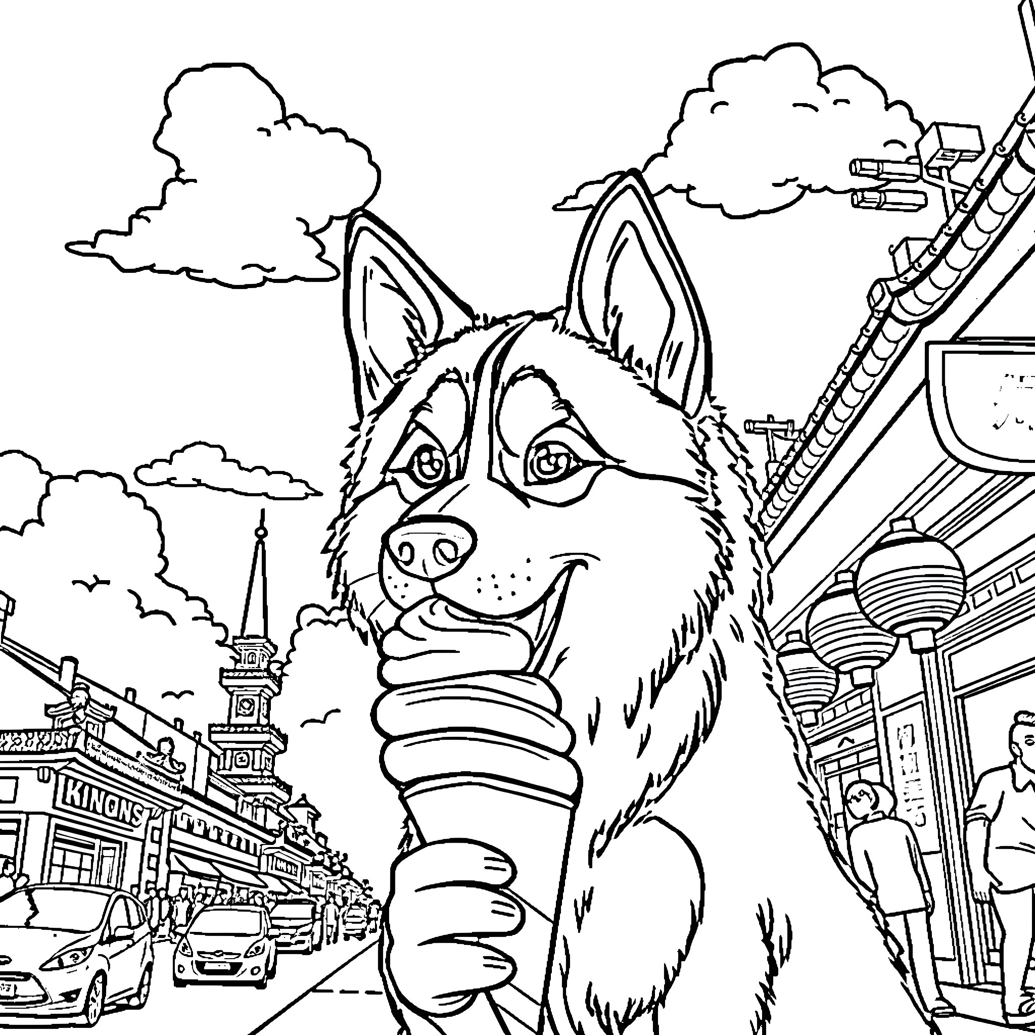 Husky dog exploring the bustling city streets Coloring Page (free black-and-white line drawing printable PDF for all, from beginners to advanced learners, including children, teens, adults, and seniors)
