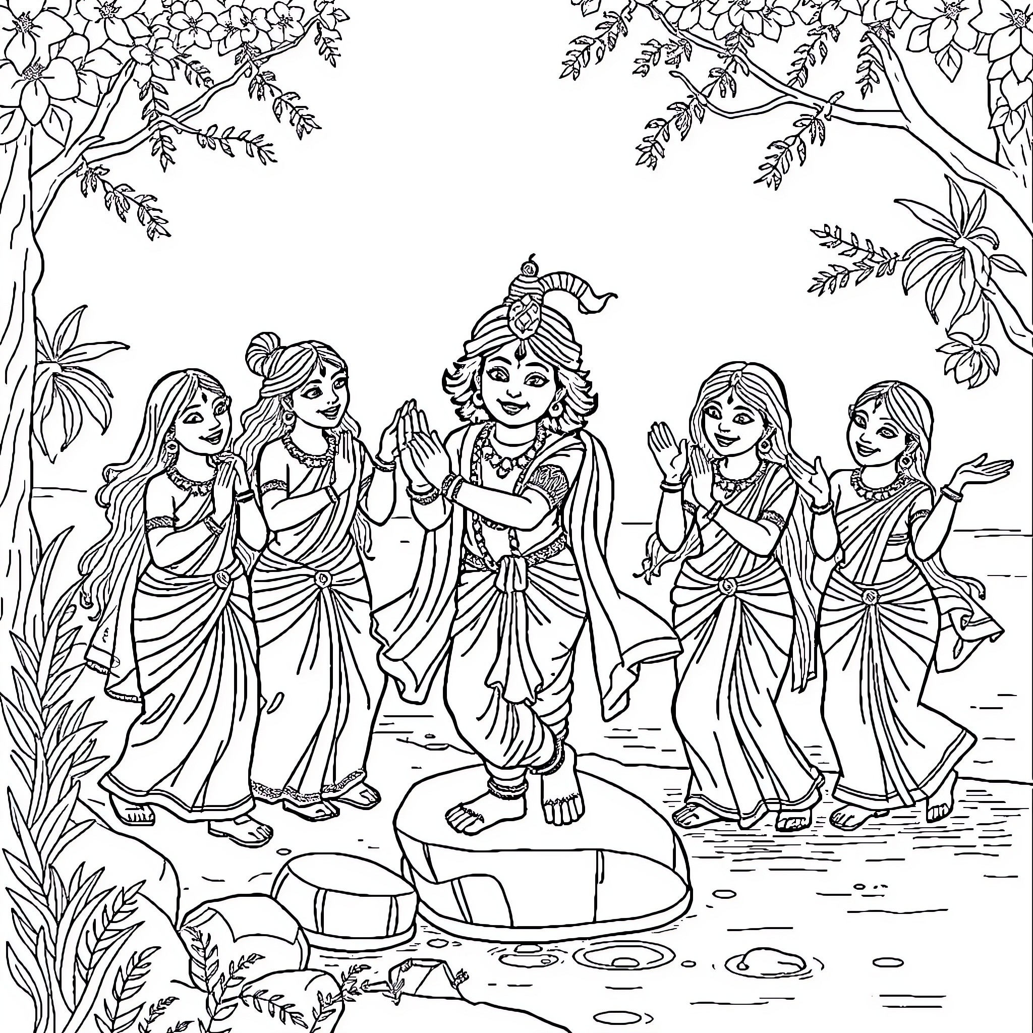 Krishna dancing with gopis in a serene landscape Coloring Page (free black-and-white line drawing printable PDF for all, from beginners to advanced learners, including children, teens, adults, and seniors)