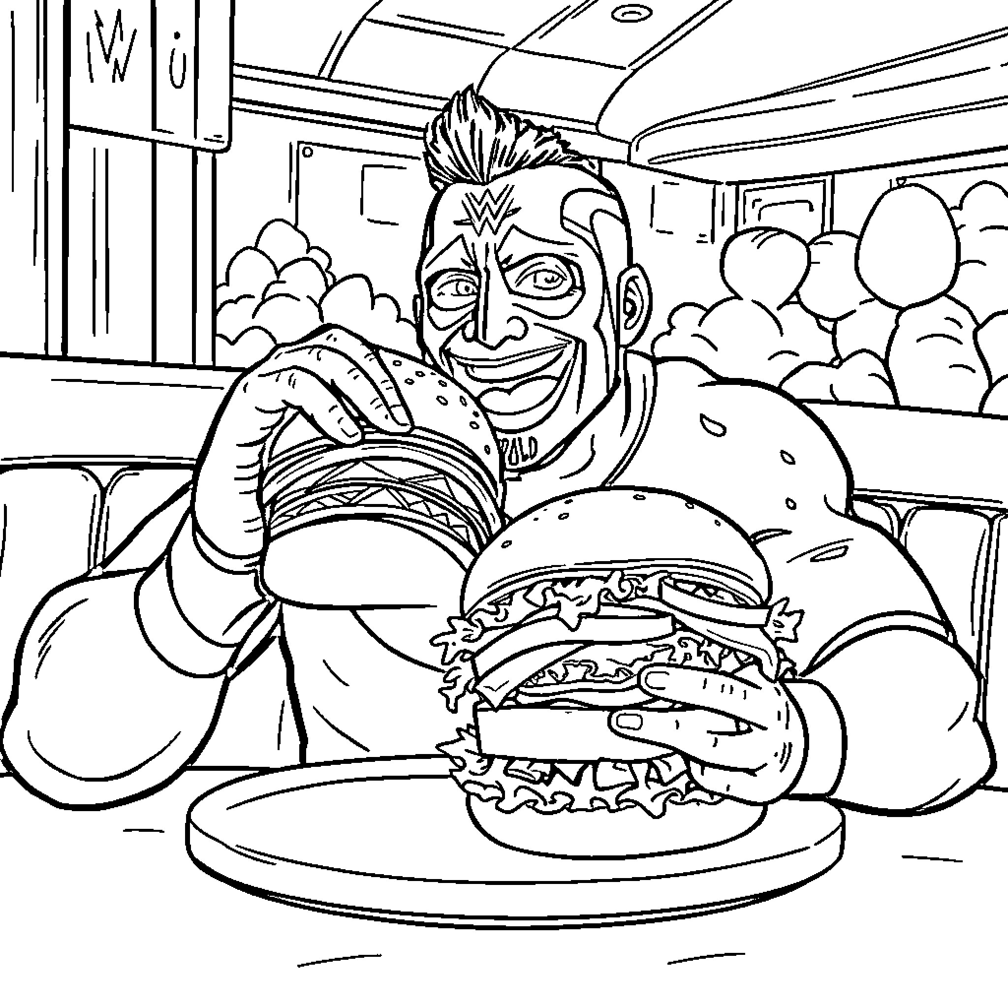 Rey Mysterio enjoying a large burger in a diner Coloring Page (free black-and-white line drawing printable PDF for all, from beginners to advanced learners, including children, teens, adults, and seniors)