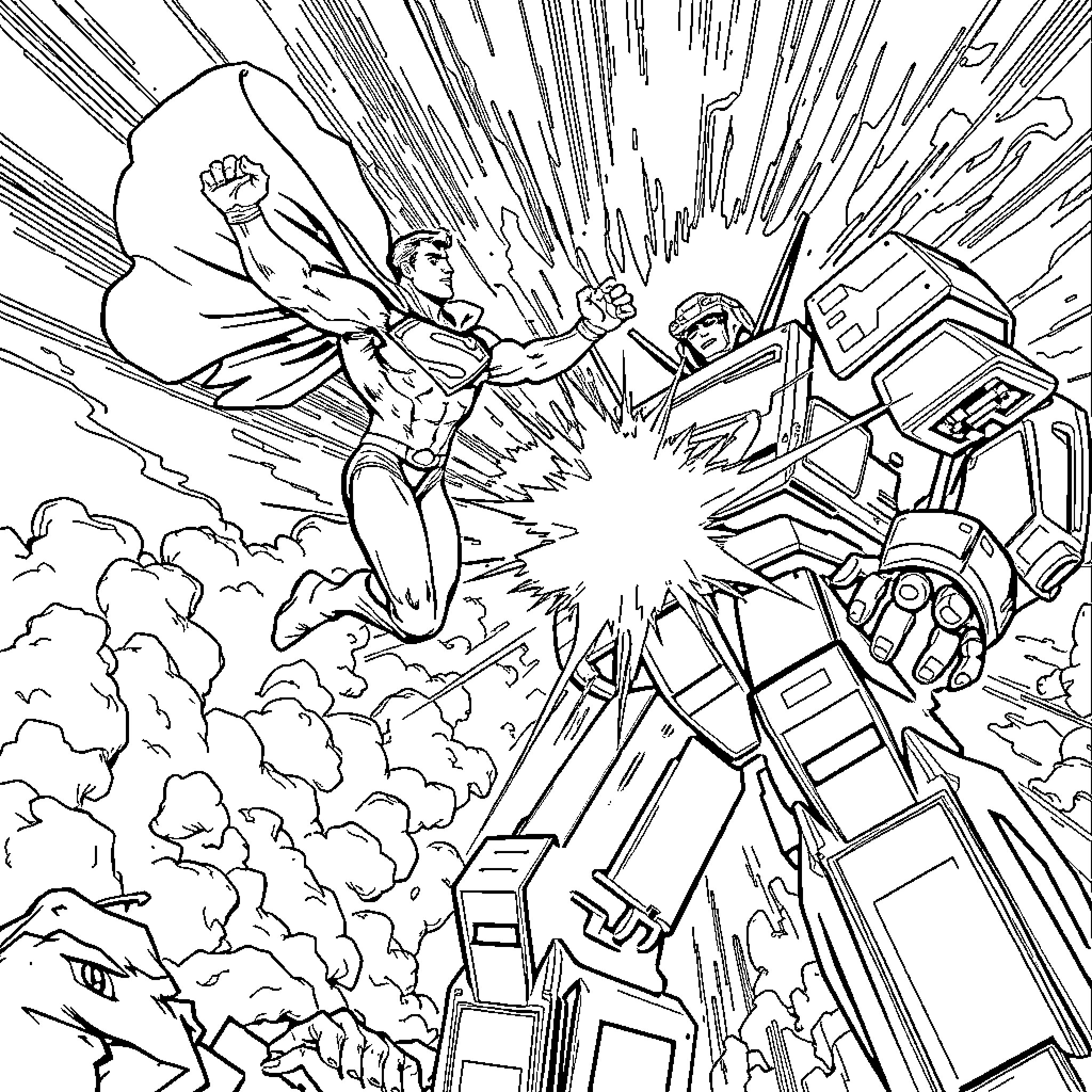 Superman fighting against a giant robot in action Coloring Page (free black-and-white line drawing printable PDF for all, from beginners to advanced learners, including children, teens, adults, and seniors)