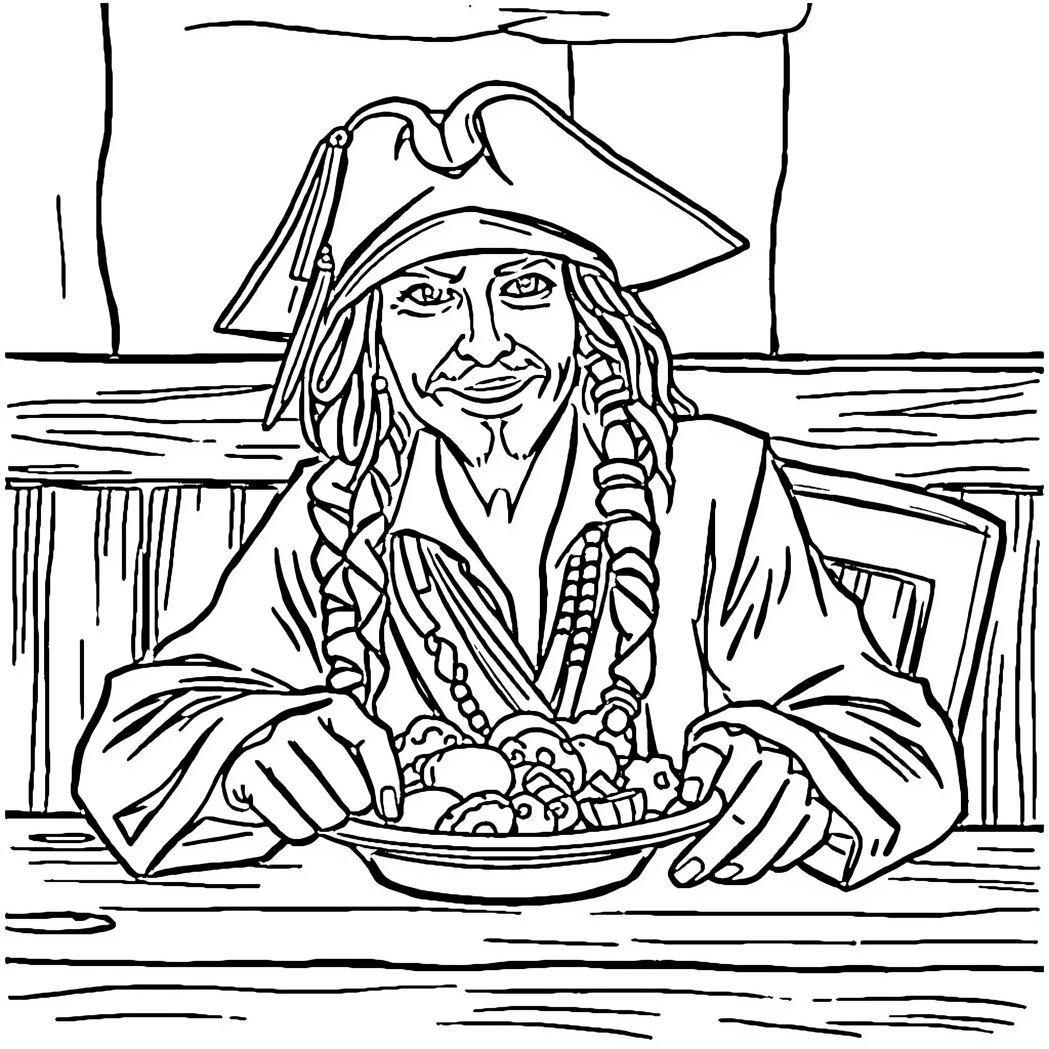 Jack Sparrow enjoying a hearty meal aboard his ship Coloring Page (free black-and-white line drawing printable PDF for all, from beginners to advanced learners, including children, teens, adults, and seniors)
