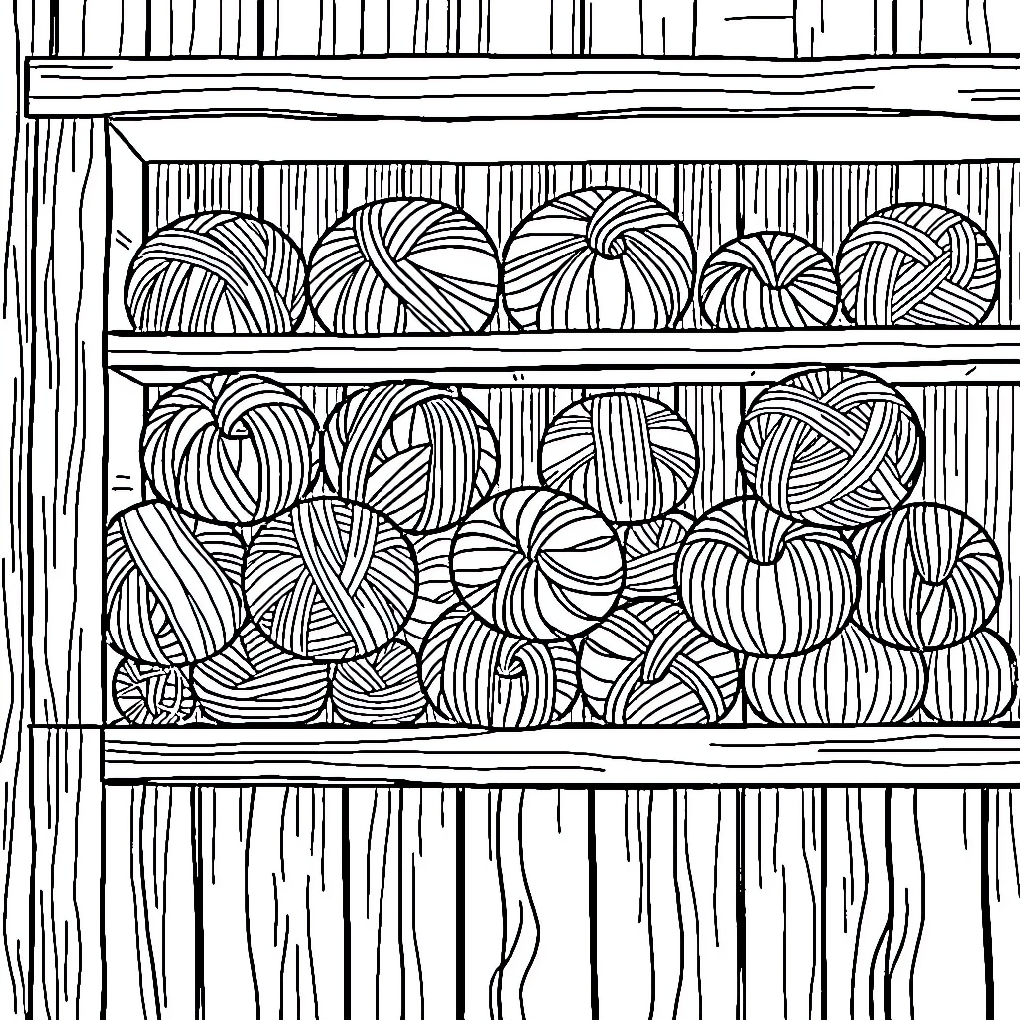 Yarn Balls Stacked on Wooden Shelves Coloring Page (free black-and-white line drawing printable PDF for all, from beginners to advanced learners, including children, teens, adults, and seniors)