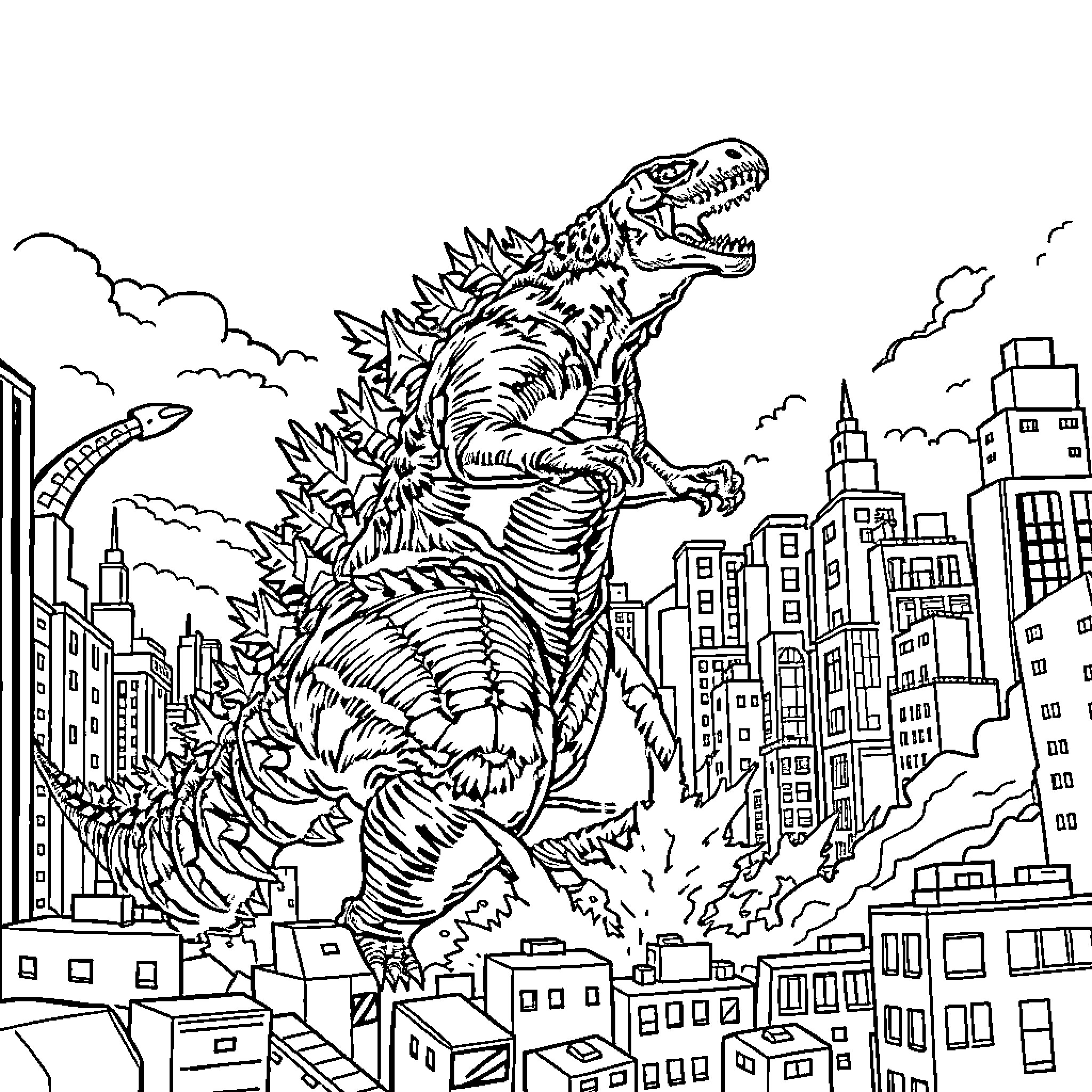 Godzilla rampaging through the city Coloring Page (free black-and-white line drawing printable PDF for all, from beginners to advanced learners, including children, teens, adults, and seniors)