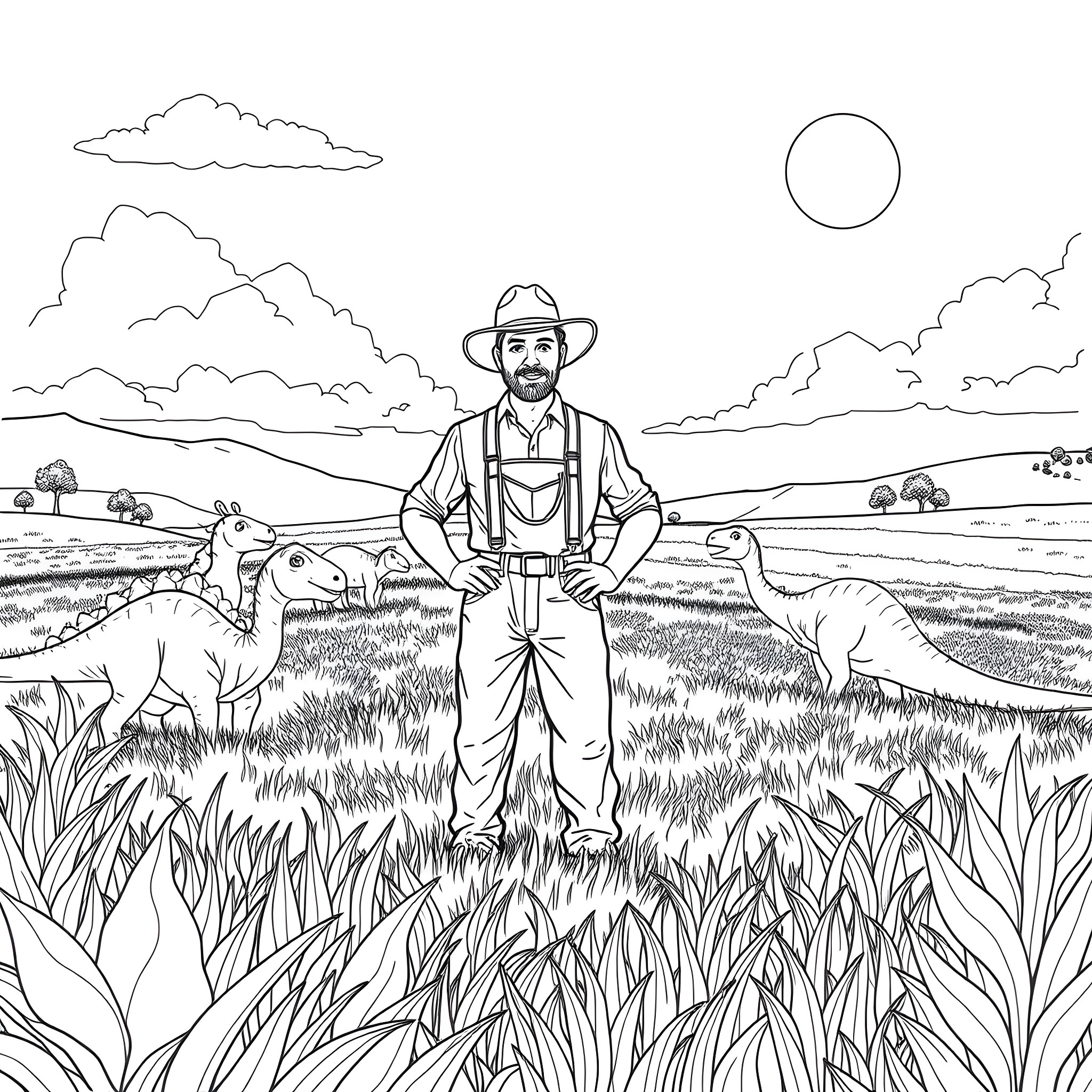 Farmer overseeing his livestock on a scenic countryside Coloring Page (free black-and-white line drawing printable PDF for all, from beginners to advanced learners, including children, teens, adults, and seniors)