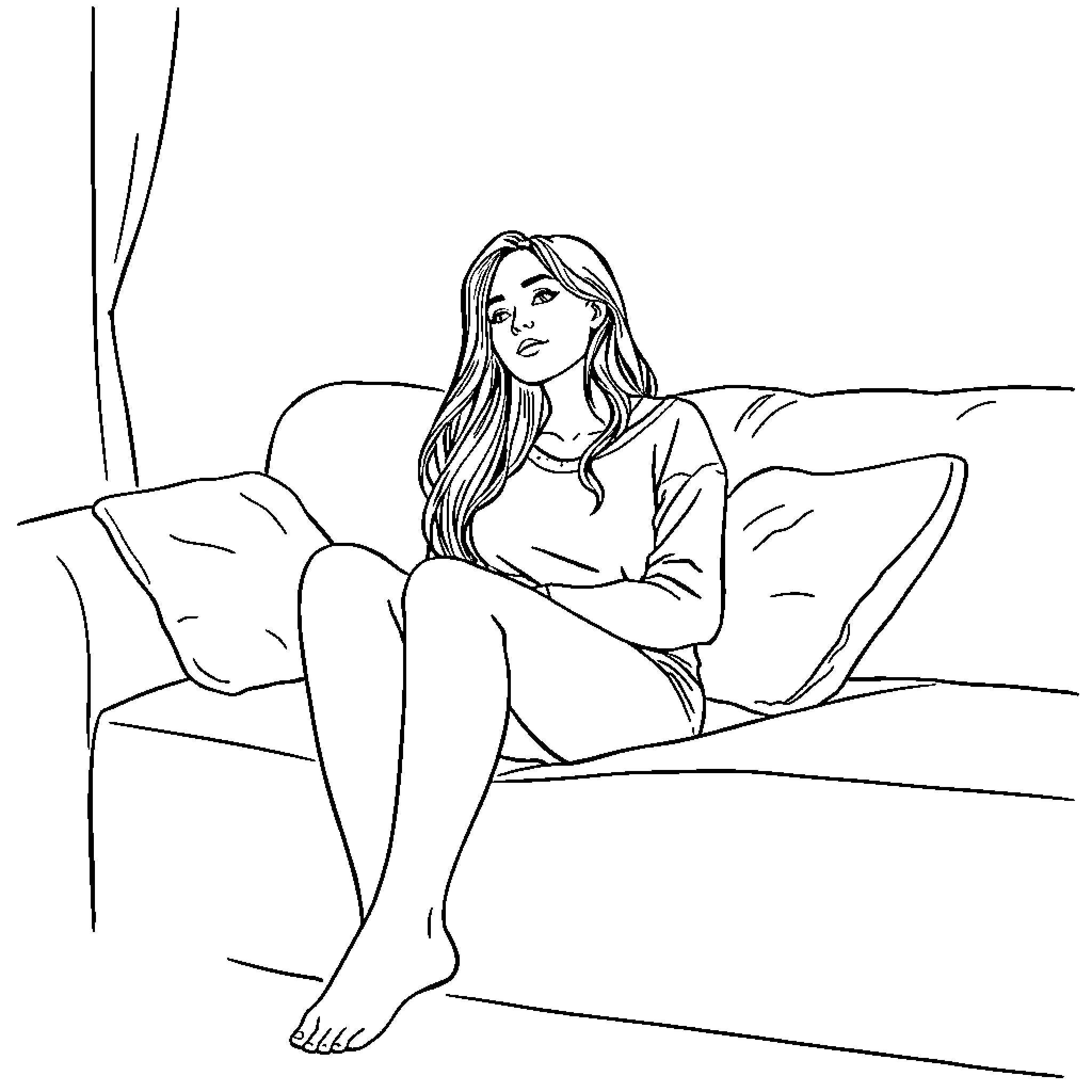 Girl relaxing on the couch Coloring Page (free black-and-white line drawing printable PDF for all, from beginners to advanced learners, including children, teens, adults, and seniors)