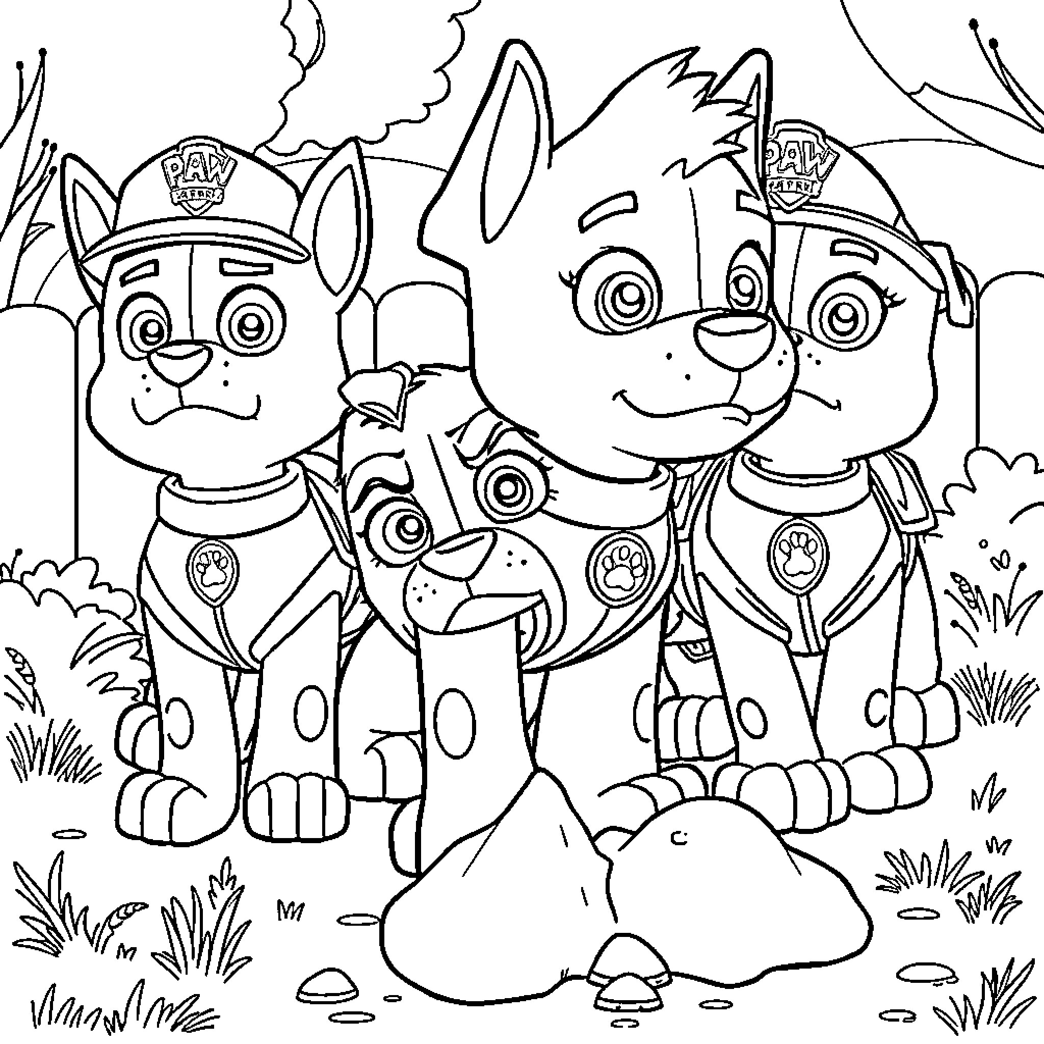 Paw Patrol pups on a mission in the woods Coloring Page (free black-and-white line drawing printable PDF for all, from beginners to advanced learners, including children, teens, adults, and seniors)