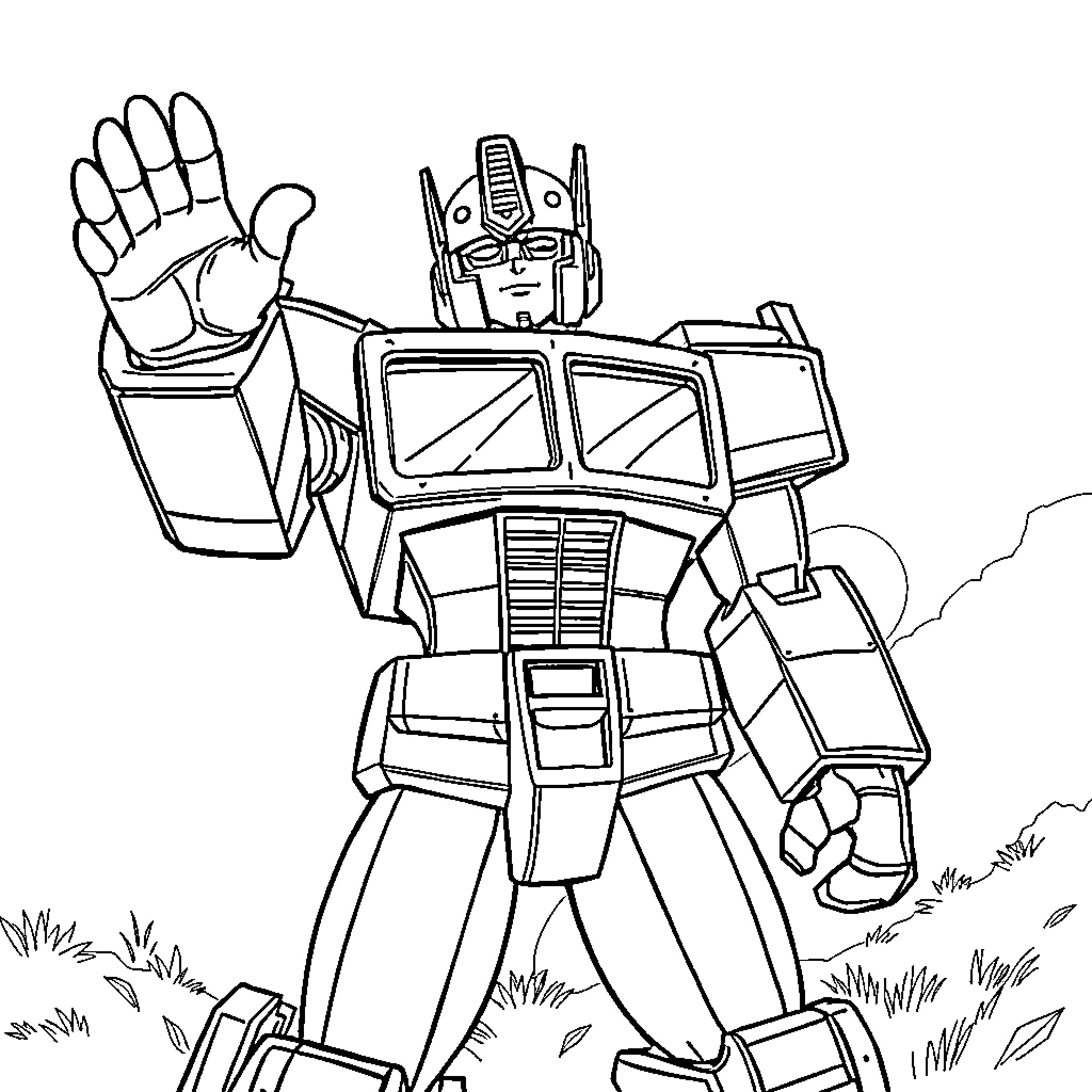 Optimus Prime heroically standing in action pose Coloring Page (free black-and-white line drawing printable PDF for all, from beginners to advanced learners, including children, teens, adults, and seniors)