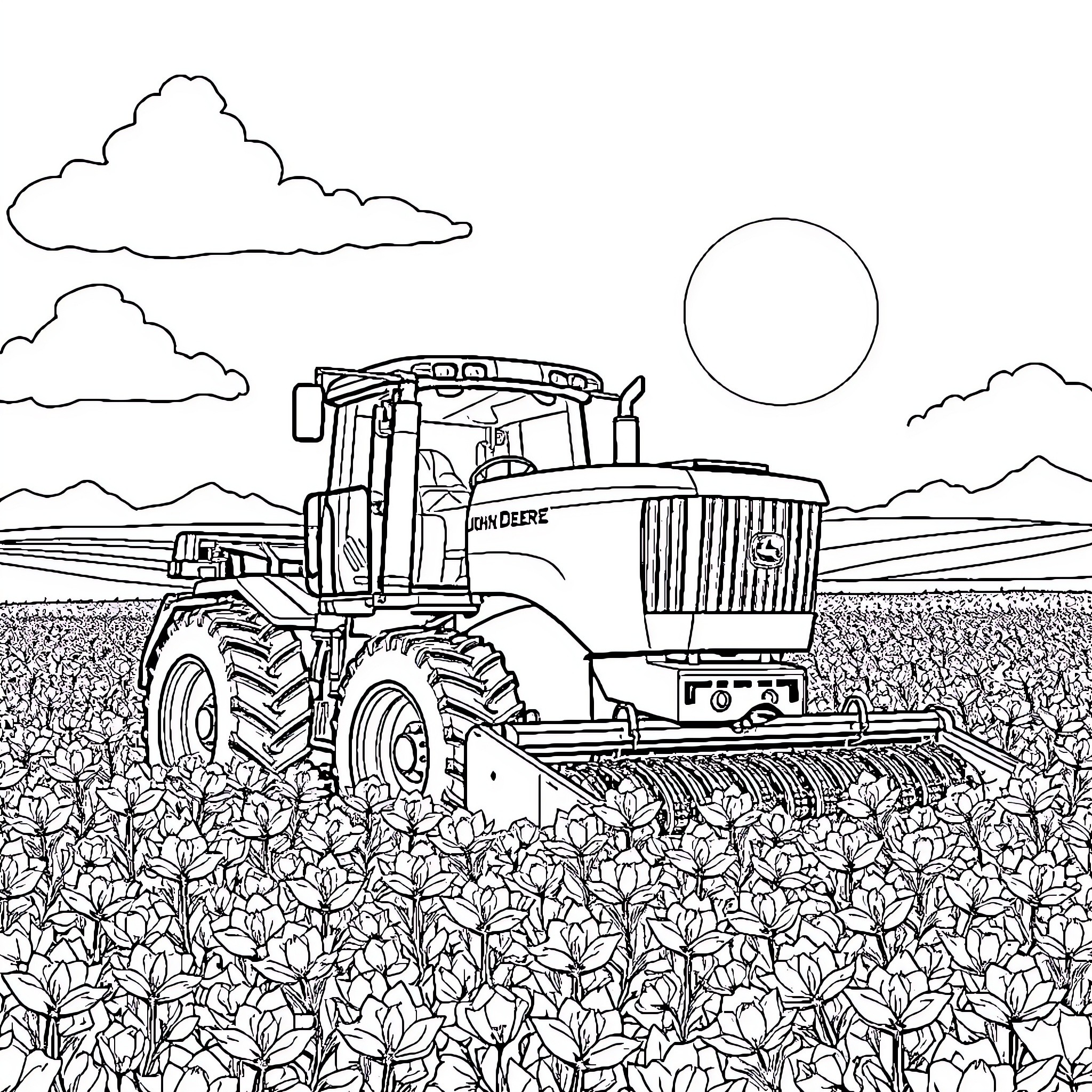 John Deere tractor harvesting crops in the field Coloring Page (free black-and-white line drawing printable PDF for all, from beginners to advanced learners, including children, teens, adults, and seniors)