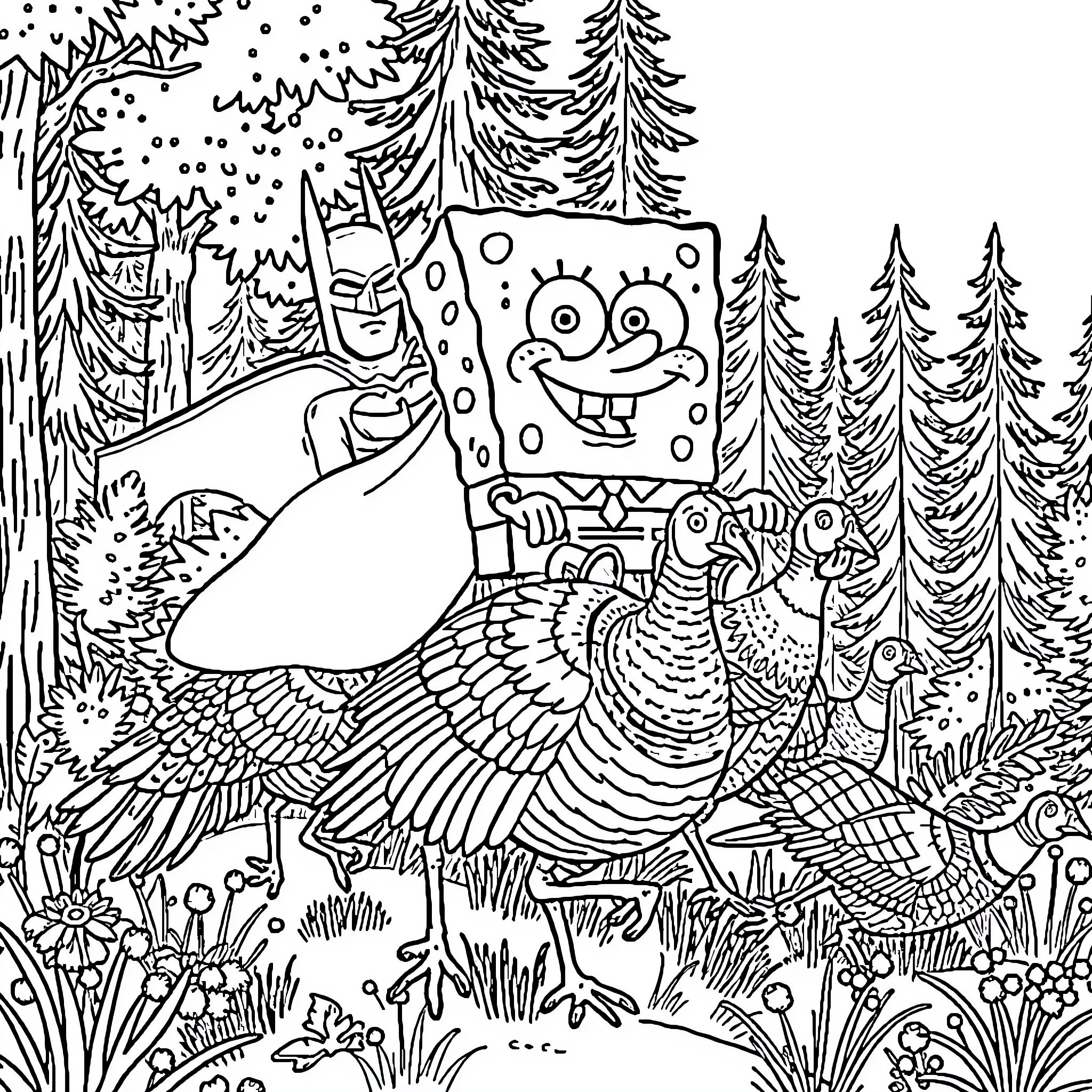 Spongebob's Snowy Forest Adventure Coloring Page (free black-and-white line drawing printable PDF for all, from beginners to advanced learners, including children, teens, adults, and seniors)