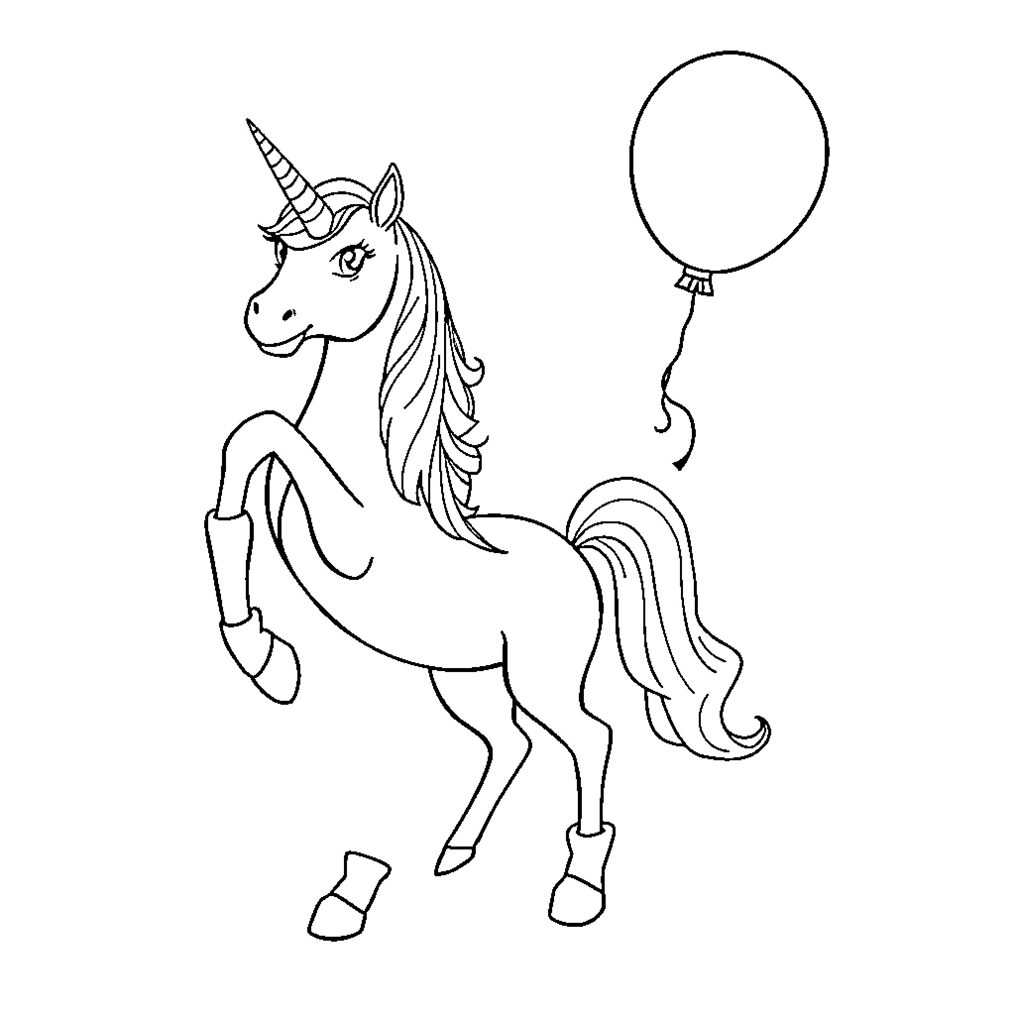 Unicorn with Balloon and Playful Pose Coloring Page (free black-and-white line drawing printable PDF for all, from beginners to advanced learners, including children, teens, adults, and seniors)