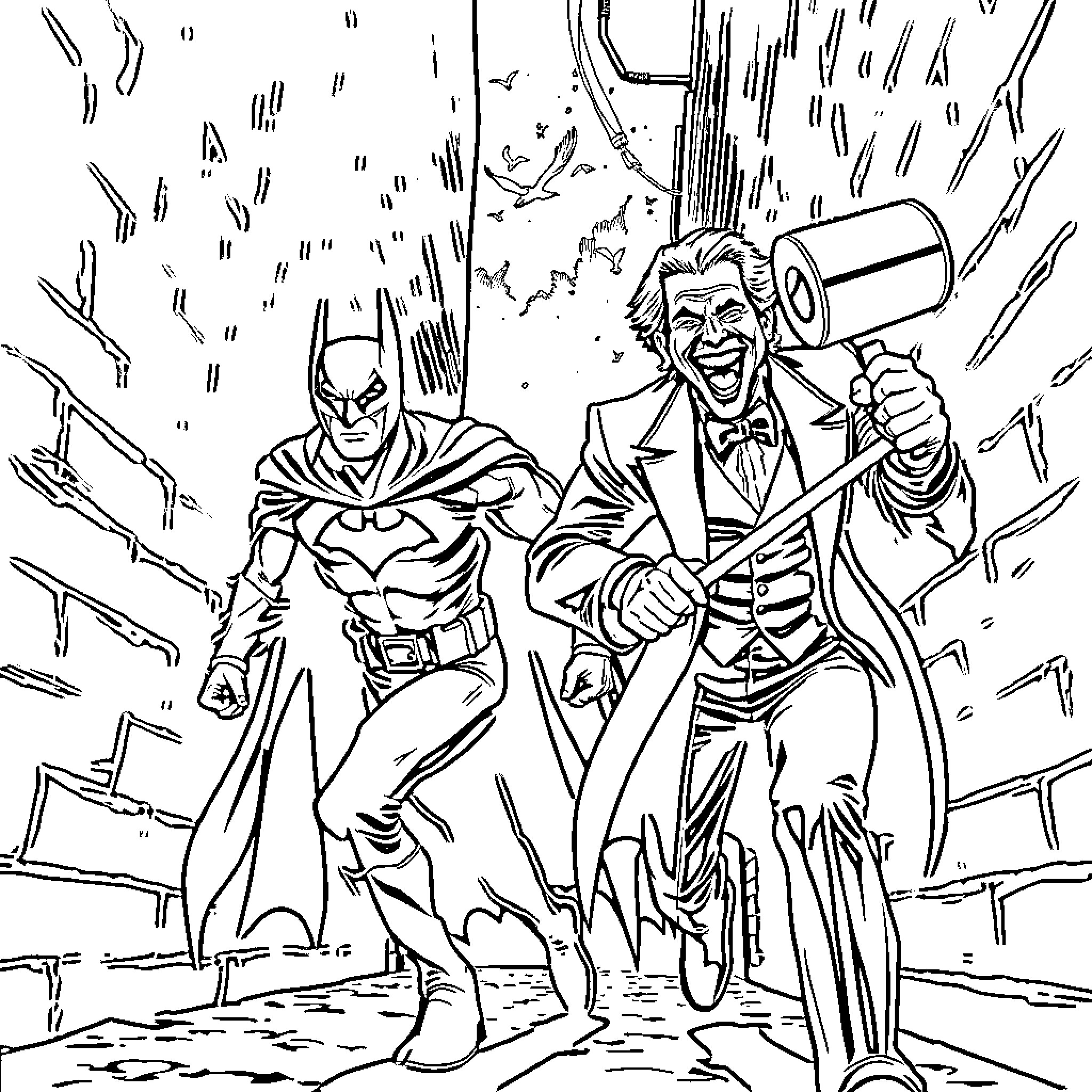 Batman Battles the Joker in Explosive Confrontation Coloring Page (free black-and-white line drawing printable PDF for all, from beginners to advanced learners, including children, teens, adults, and seniors)