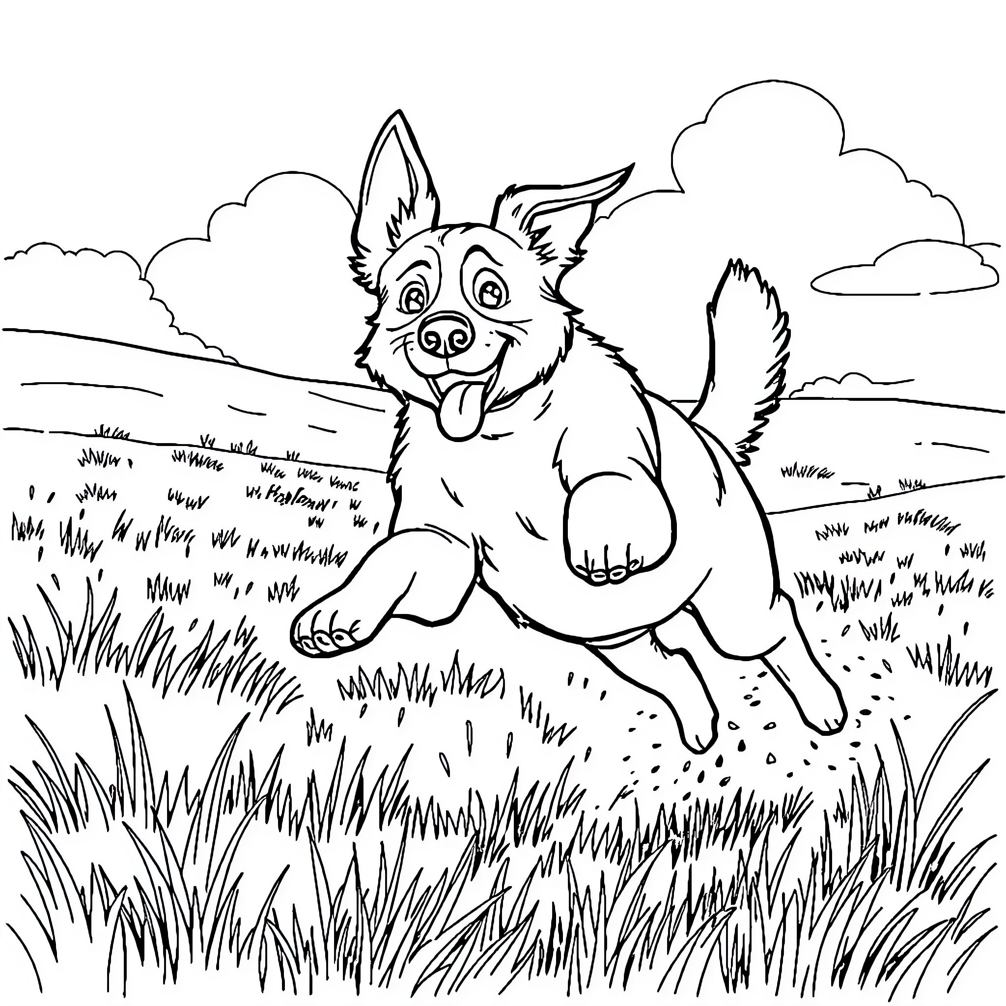 Dog happily running through the grassy field Coloring Page (free black-and-white line drawing printable PDF for all, from beginners to advanced learners, including children, teens, adults, and seniors)