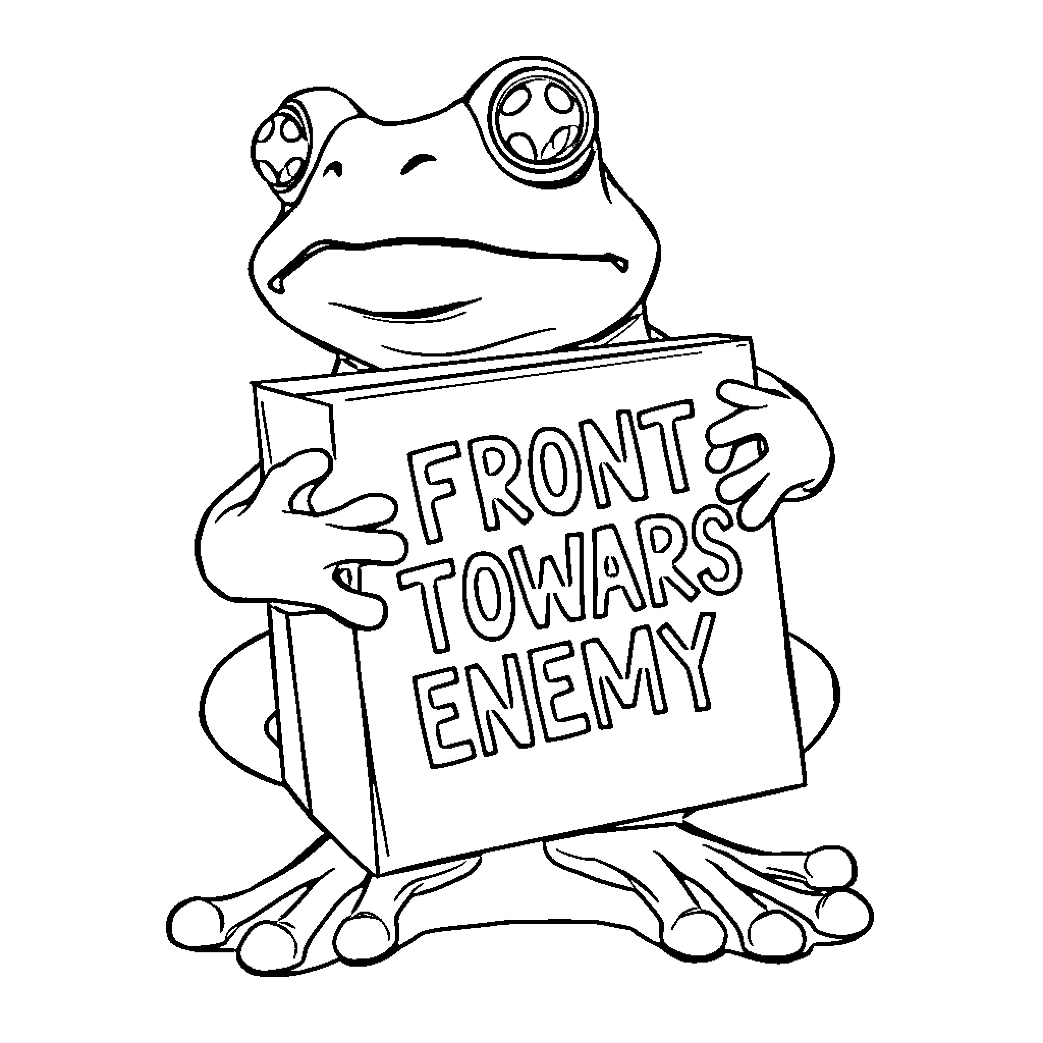 Pepe the Frog as Front Towards Enemy Coloring Page (free black-and-white line drawing printable PDF for all, from beginners to advanced learners, including children, teens, adults, and seniors)