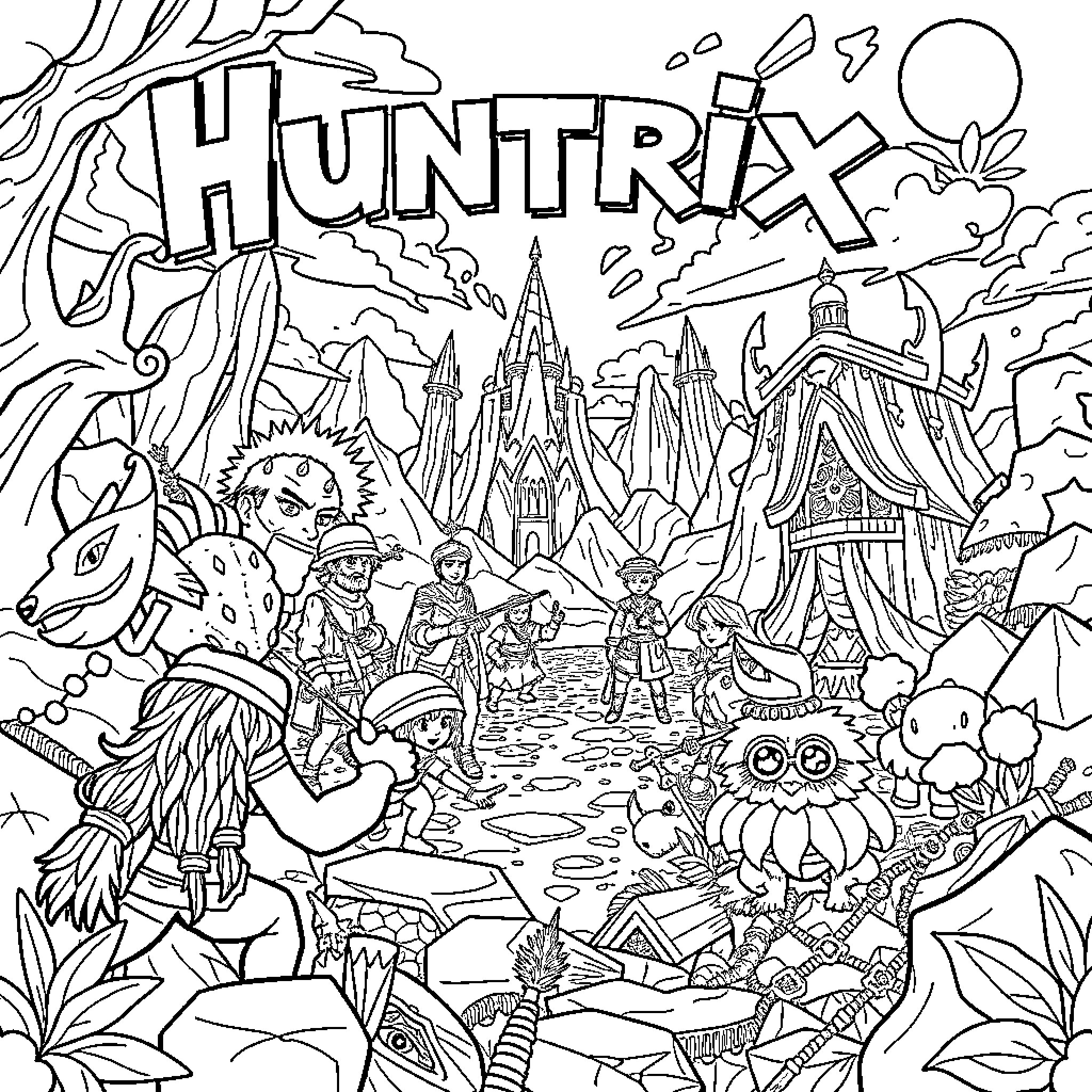 Huntrix: Fantastical Adventure in a Whimsical World Coloring Page (free black-and-white line drawing printable PDF for all, from beginners to advanced learners, including children, teens, adults, and seniors)