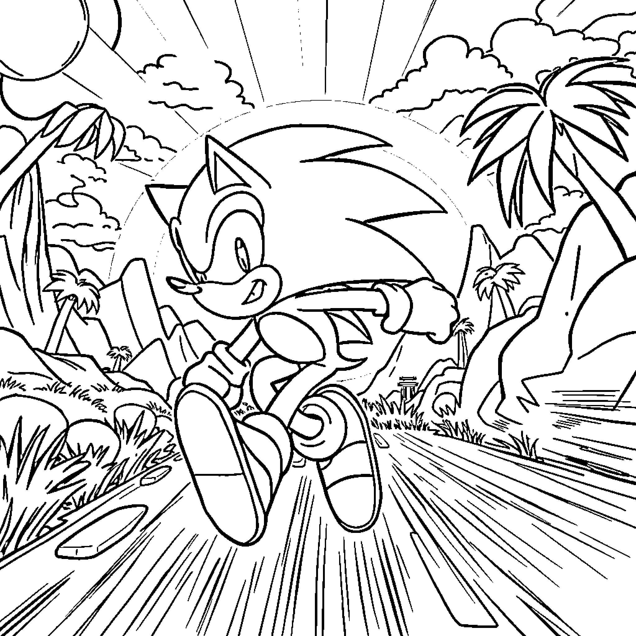 Sonic racing through a tropical landscape Coloring Page (free black-and-white line drawing printable PDF for all, from beginners to advanced learners, including children, teens, adults, and seniors)