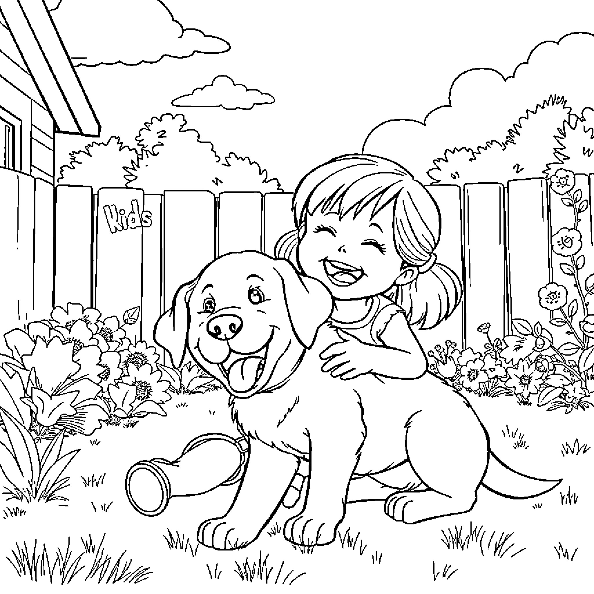 Girl Playing Happily with Friendly Dog in Garden Coloring Page (free black-and-white line drawing printable PDF for all, from beginners to advanced learners, including children, teens, adults, and seniors)