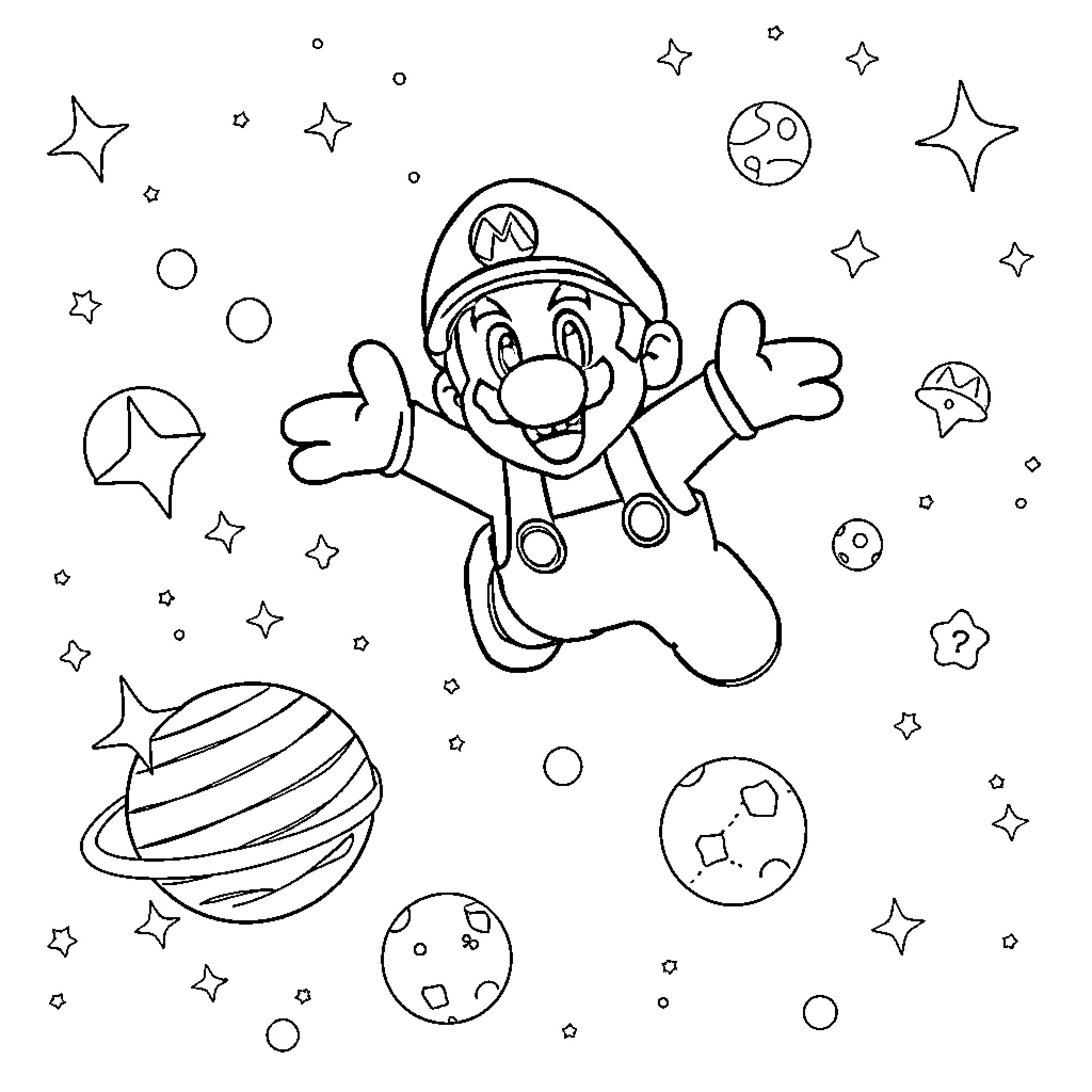 Mario Floating in Cosmic Space Coloring Page (free black-and-white line drawing printable PDF for all, from beginners to advanced learners, including children, teens, adults, and seniors)
