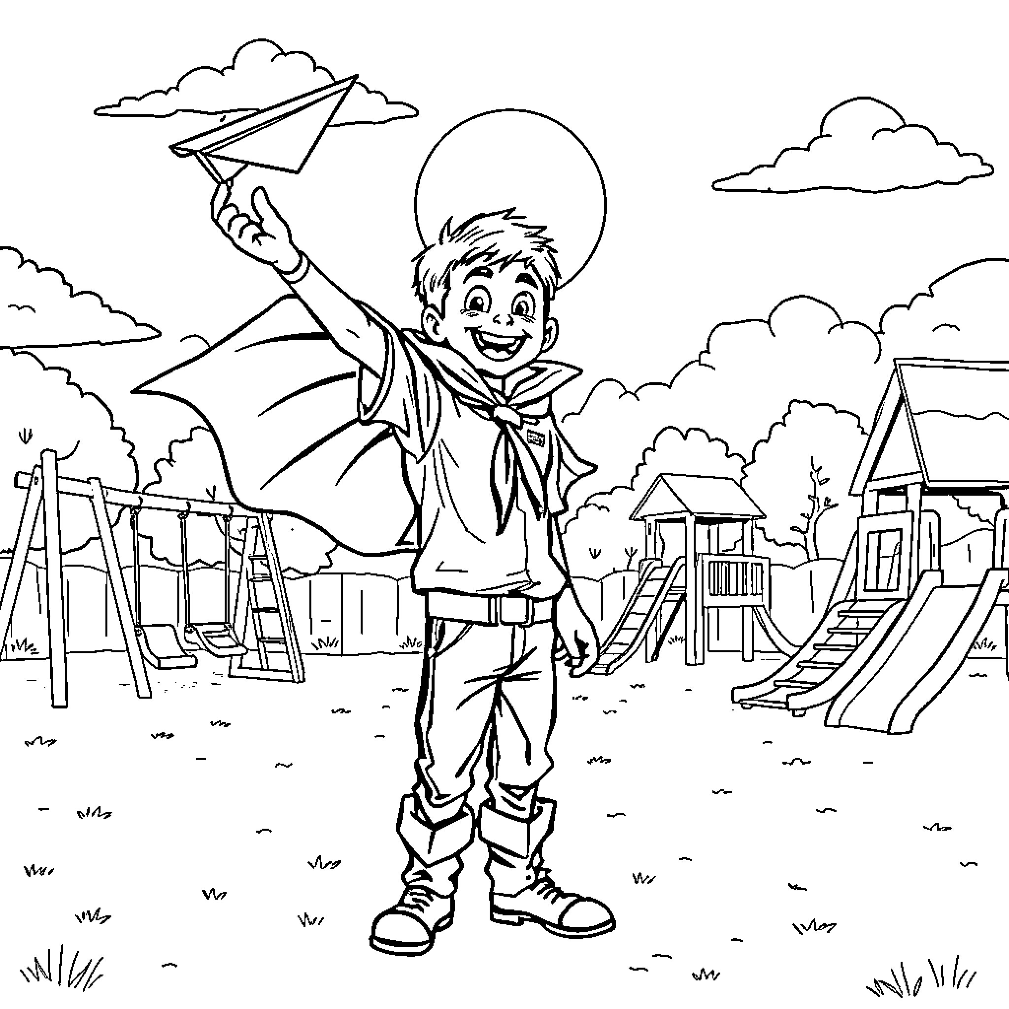 Vampire Boy Flying a Paper Airplane in the Playground Coloring Page (free black-and-white line drawing printable PDF for all, from beginners to advanced learners, including children, teens, adults, and seniors)