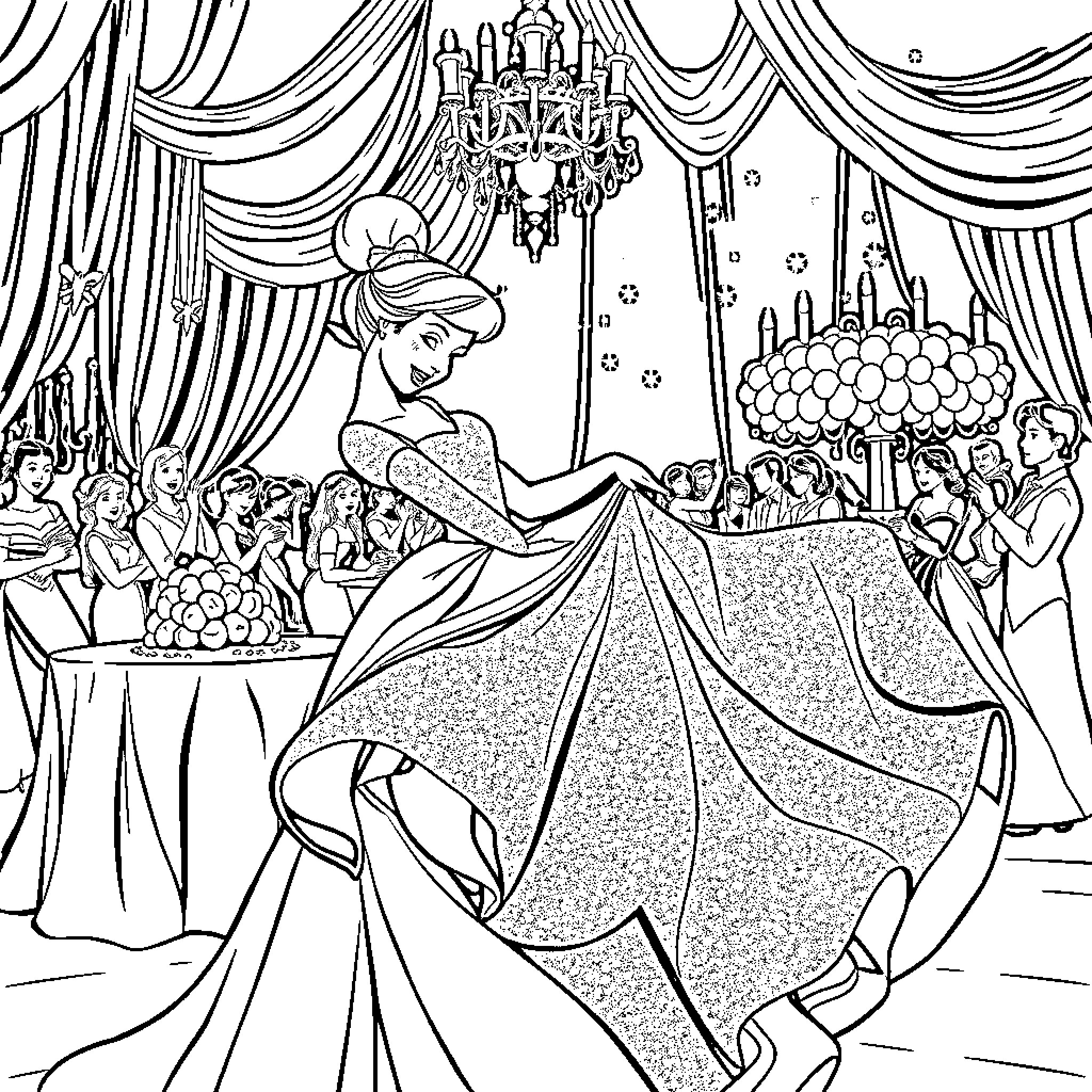 Cinderella's grand ball scene with elegant guests Coloring Page (free black-and-white line drawing printable PDF for all, from beginners to advanced learners, including children, teens, adults, and seniors)