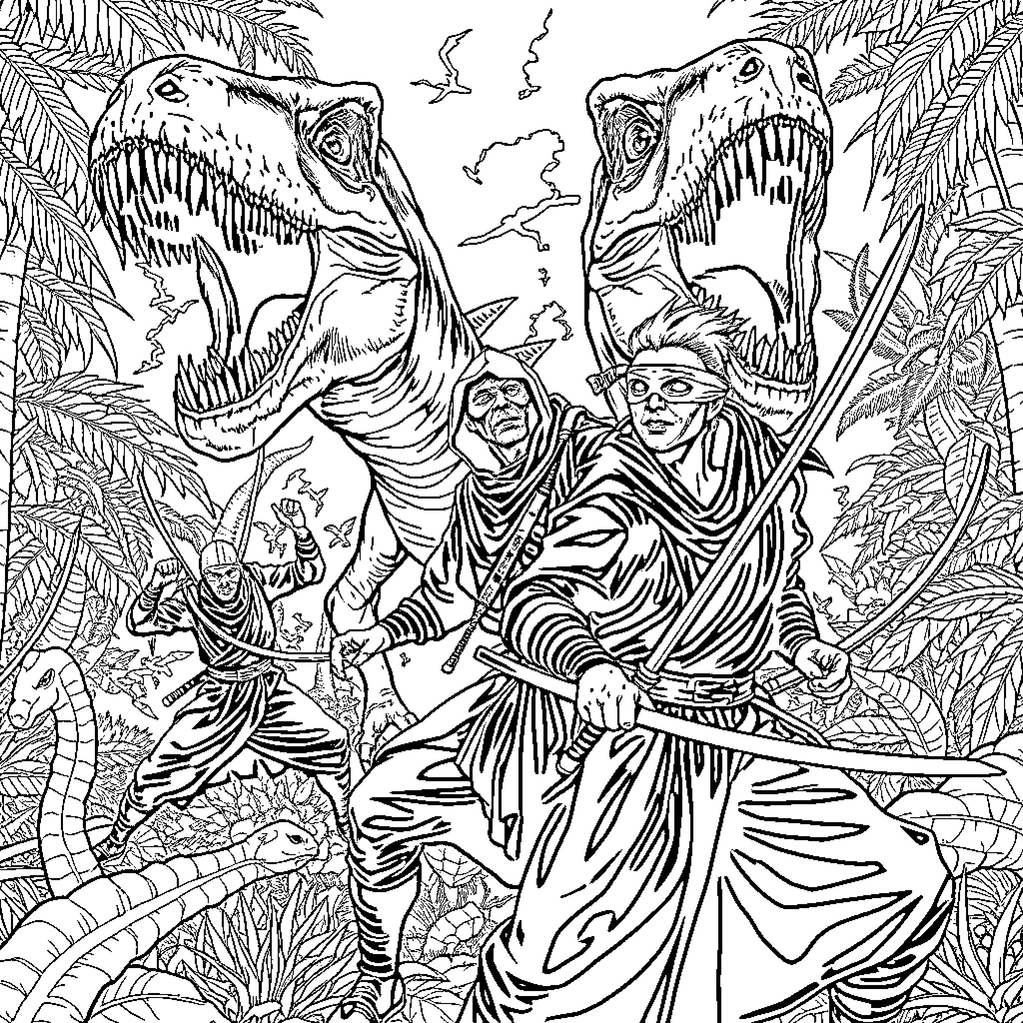 Ninja warriors battling ferocious dinosaurs in the jungle Coloring Page (free black-and-white line drawing printable PDF for all, from beginners to advanced learners, including children, teens, adults, and seniors)