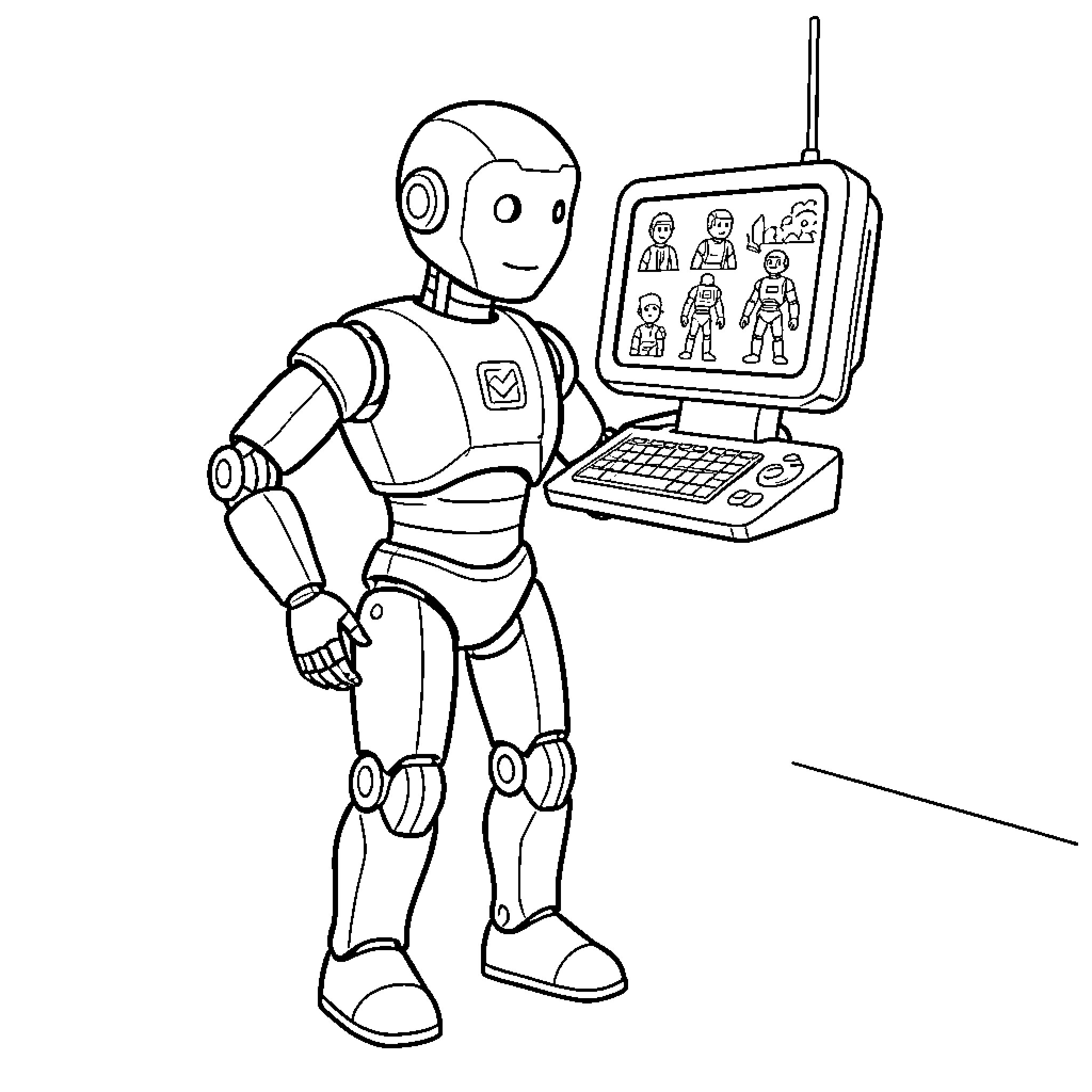 Humanoid Television Assistant Displaying Family Images Coloring Page (free black-and-white line drawing printable PDF for all, from beginners to advanced learners, including children, teens, adults, and seniors)