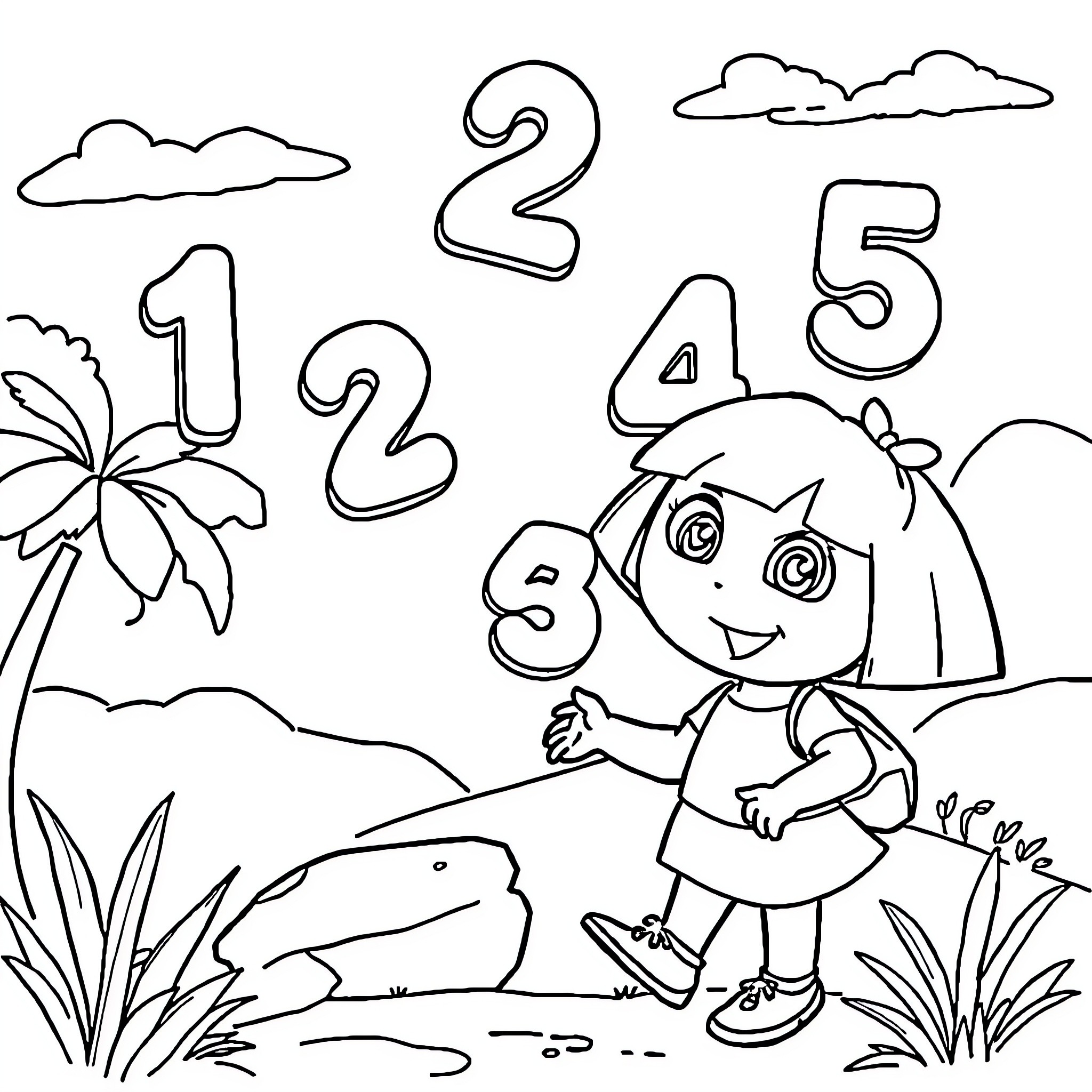 Dora Counting the Numbers in the Park Coloring Page (free black-and-white line drawing printable PDF for all, from beginners to advanced learners, including children, teens, adults, and seniors)