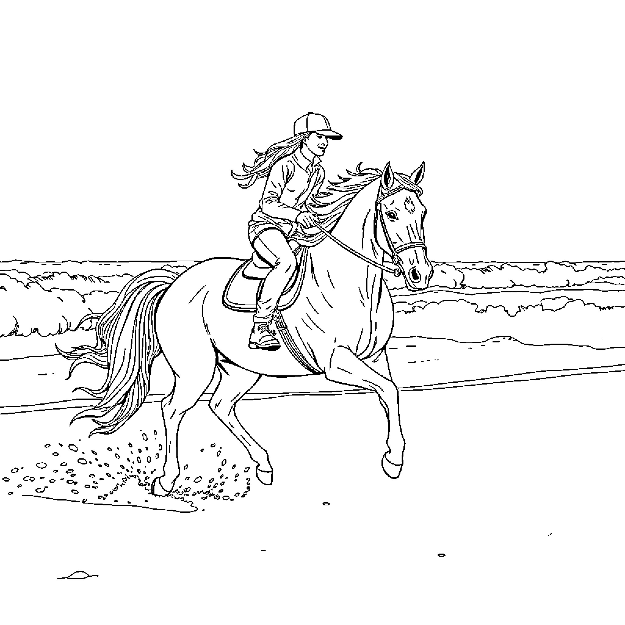 Horse rider galloping on the beach Coloring Page (free black-and-white line drawing printable PDF for all, from beginners to advanced learners, including children, teens, adults, and seniors)