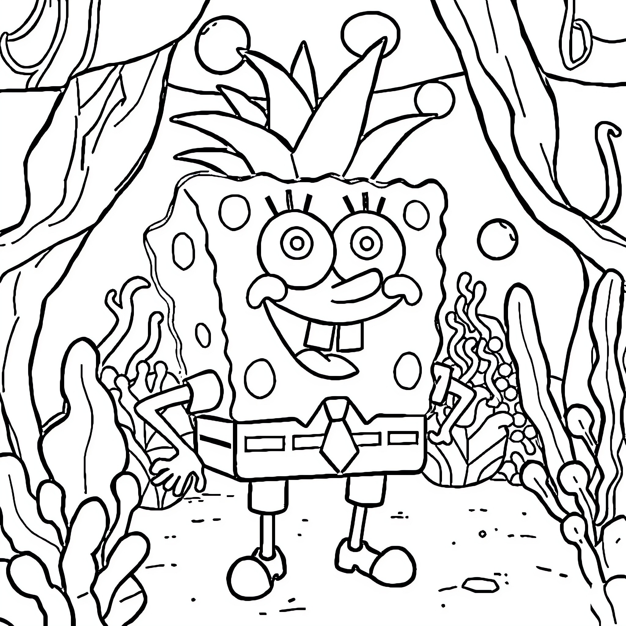 Spongebob's Underwater Adventure Coloring Page (free black-and-white line drawing printable PDF for all, from beginners to advanced learners, including children, teens, adults, and seniors)