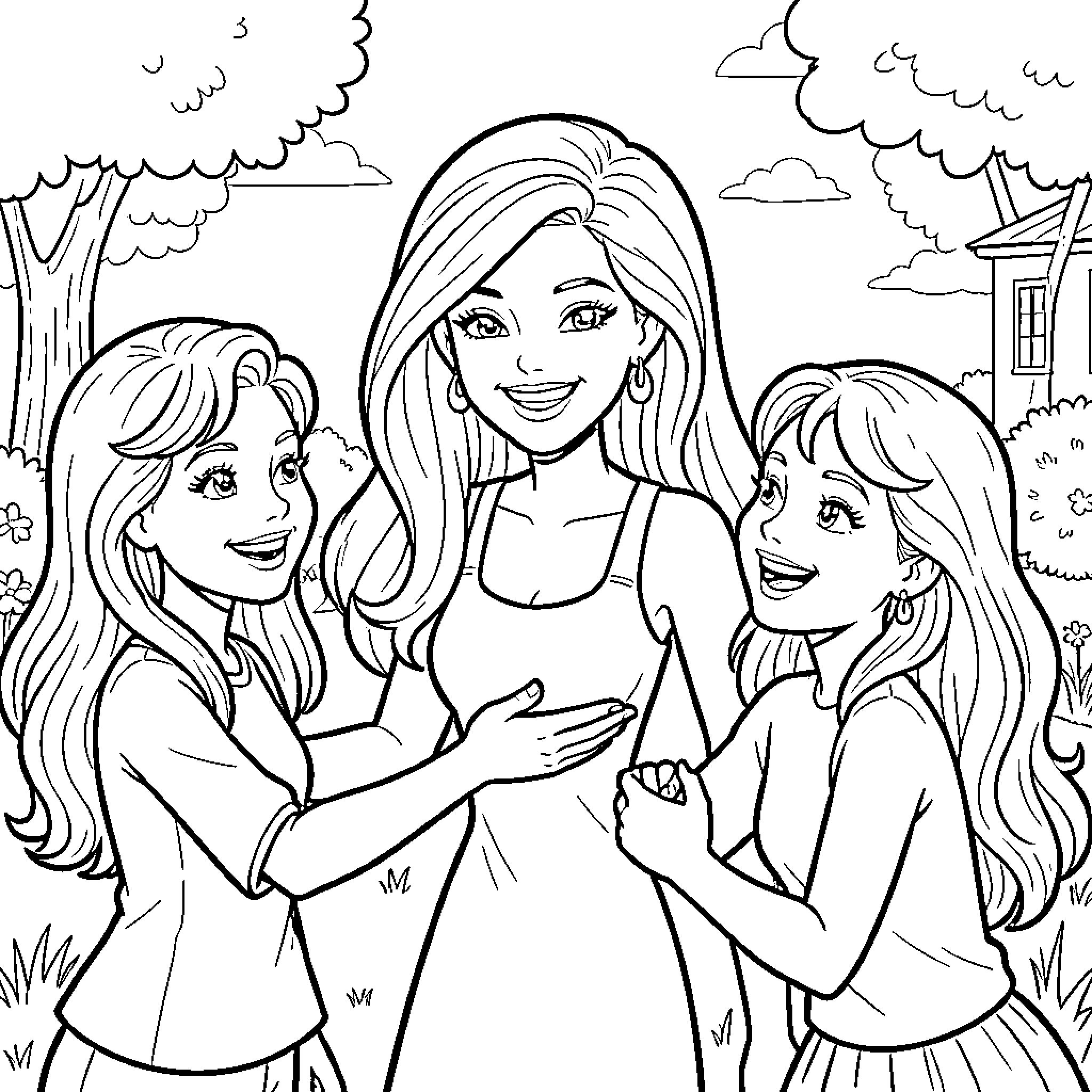 Barbie's Fun Adventure with Friends Coloring Page (free black-and-white line drawing printable PDF for all, from beginners to advanced learners, including children, teens, adults, and seniors)