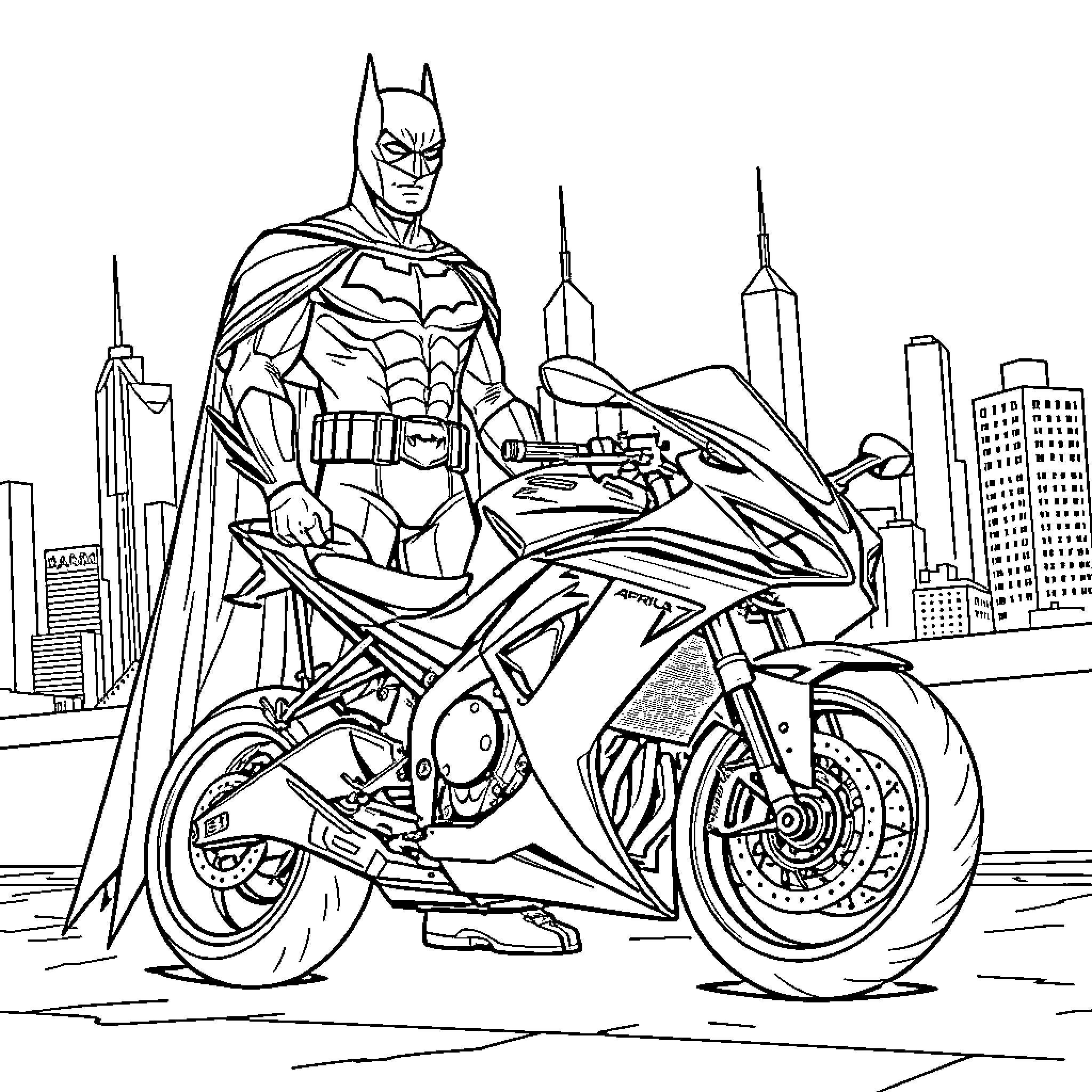 Batman riding a high-speed motorcycle in the city Coloring Page (free black-and-white line drawing printable PDF for all, from beginners to advanced learners, including children, teens, adults, and seniors)