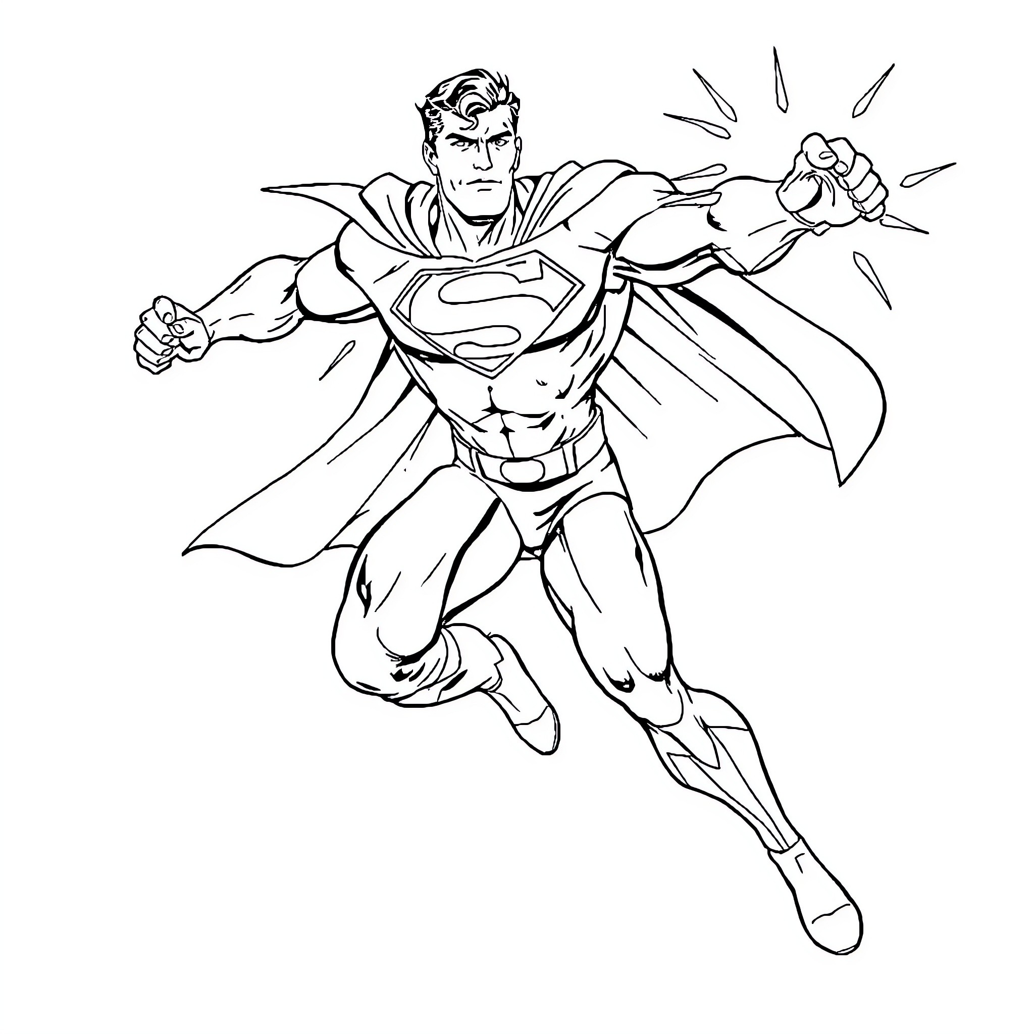 Superman in heroic action pose Coloring Page (free black-and-white line drawing printable PDF for all, from beginners to advanced learners, including children, teens, adults, and seniors)