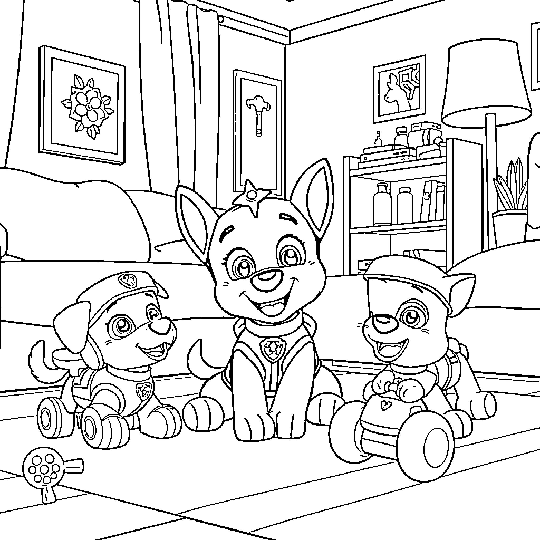Bluey and friends playing in the bedroom Coloring Page (free black-and-white line drawing printable PDF for all, from beginners to advanced learners, including children, teens, adults, and seniors)