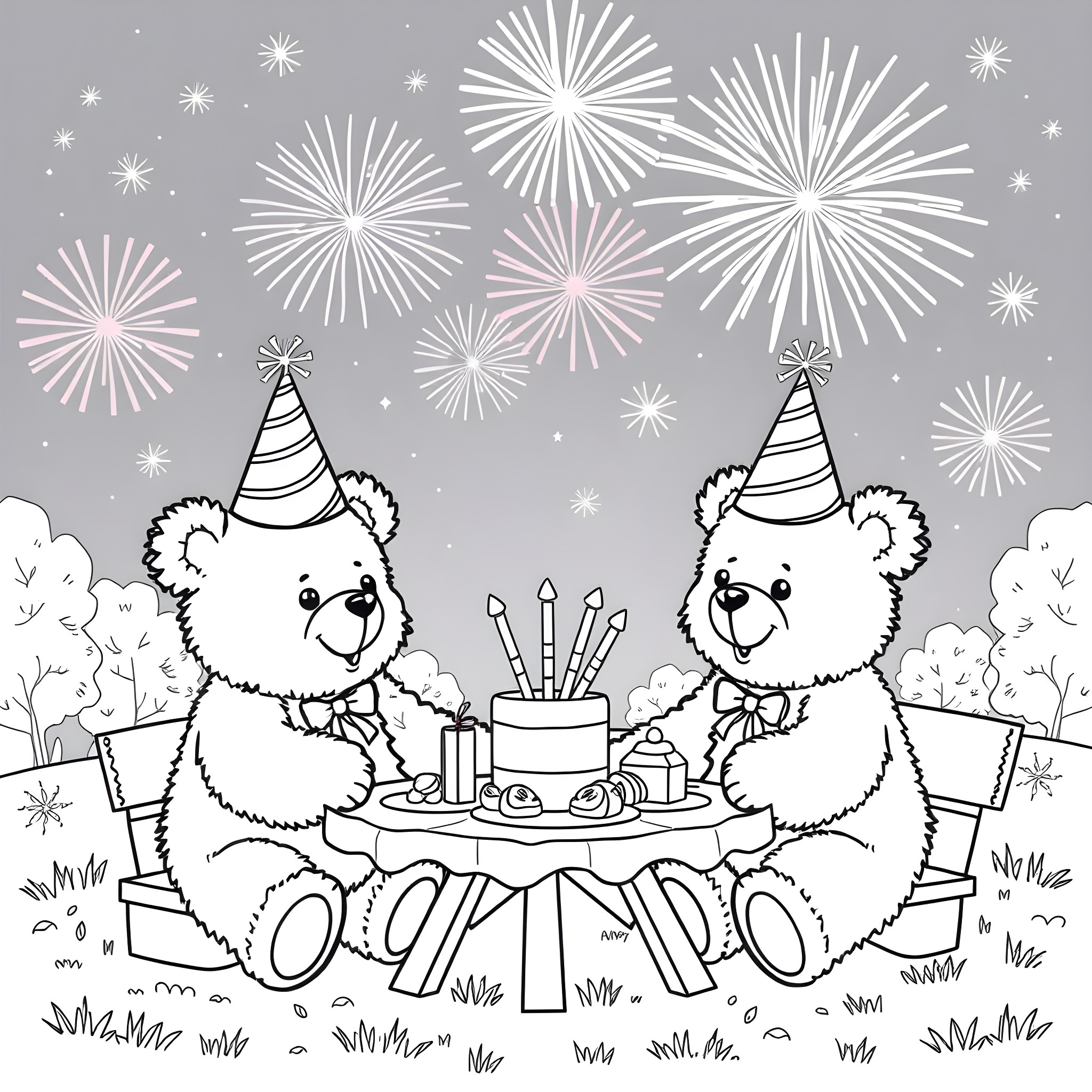 Teddy Bears Celebrating a Special Occasion Coloring Page (free black-and-white line drawing printable PDF for all, from beginners to advanced learners, including children, teens, adults, and seniors)