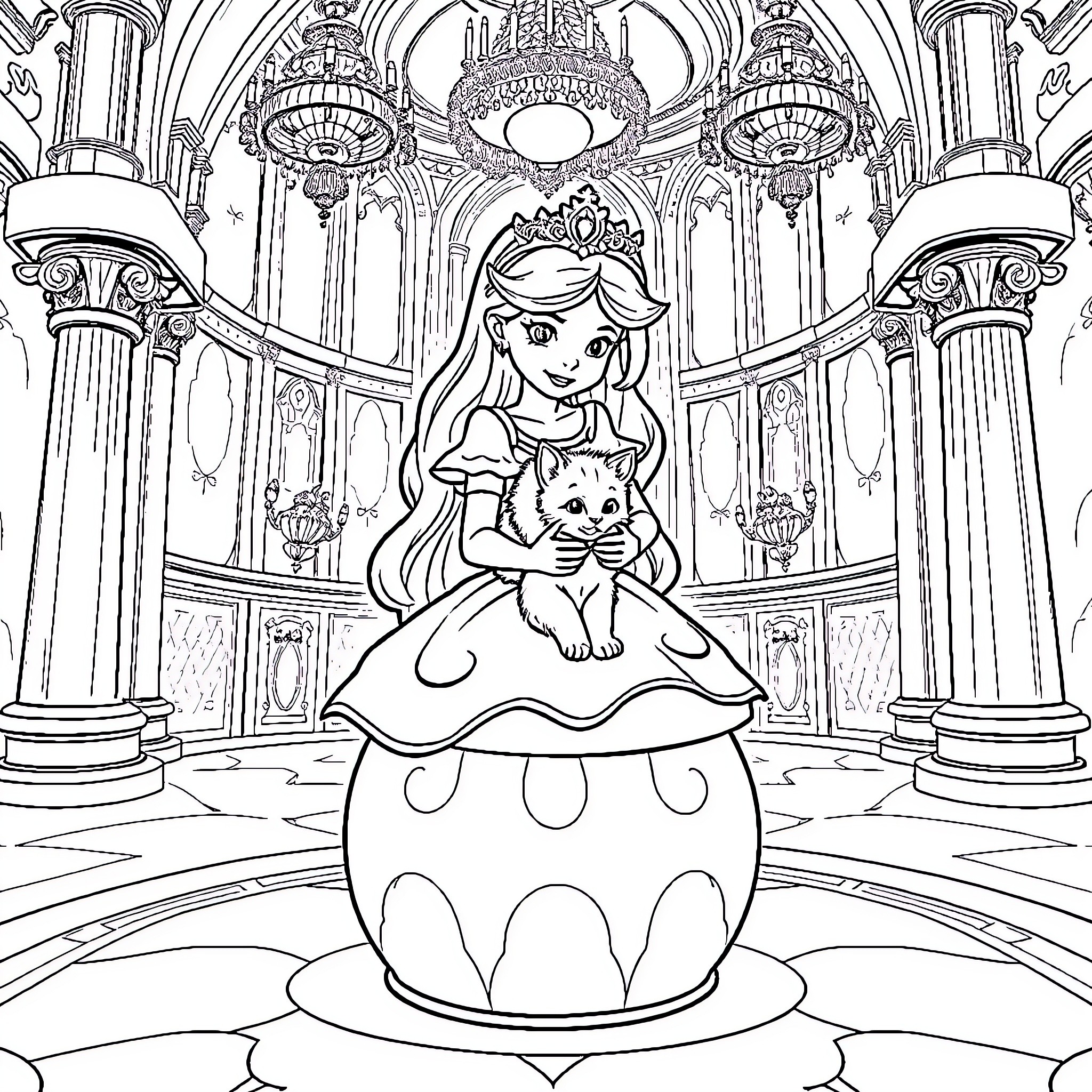 Princess in Elegant Palace with Adorable Companion Coloring Page (free black-and-white line drawing printable PDF for all, from beginners to advanced learners, including children, teens, adults, and seniors)