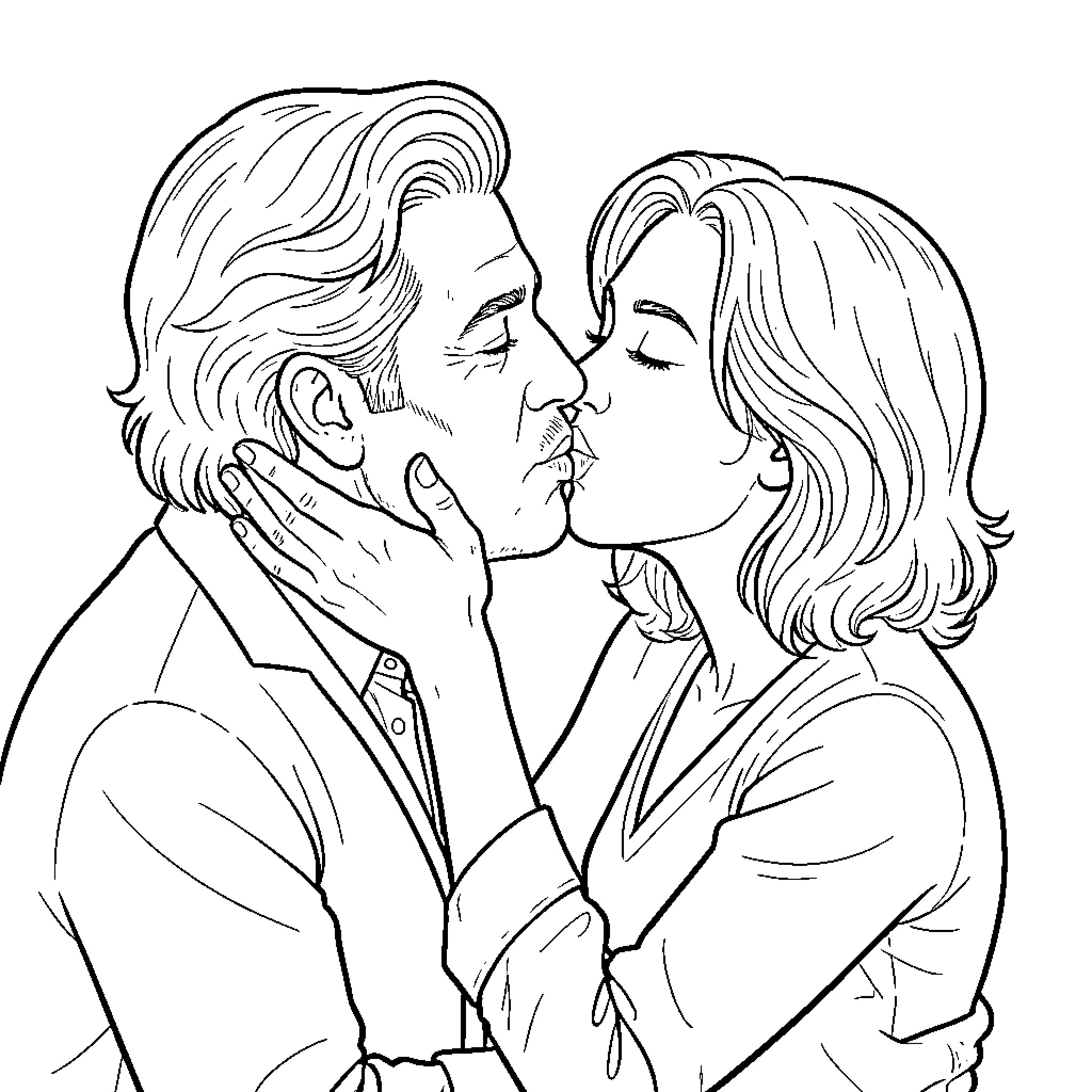 Jean-Jacques Goldman sharing a romantic kiss with a woman Coloring Page (free black-and-white line drawing printable PDF for all, from beginners to advanced learners, including children, teens, adults, and seniors)