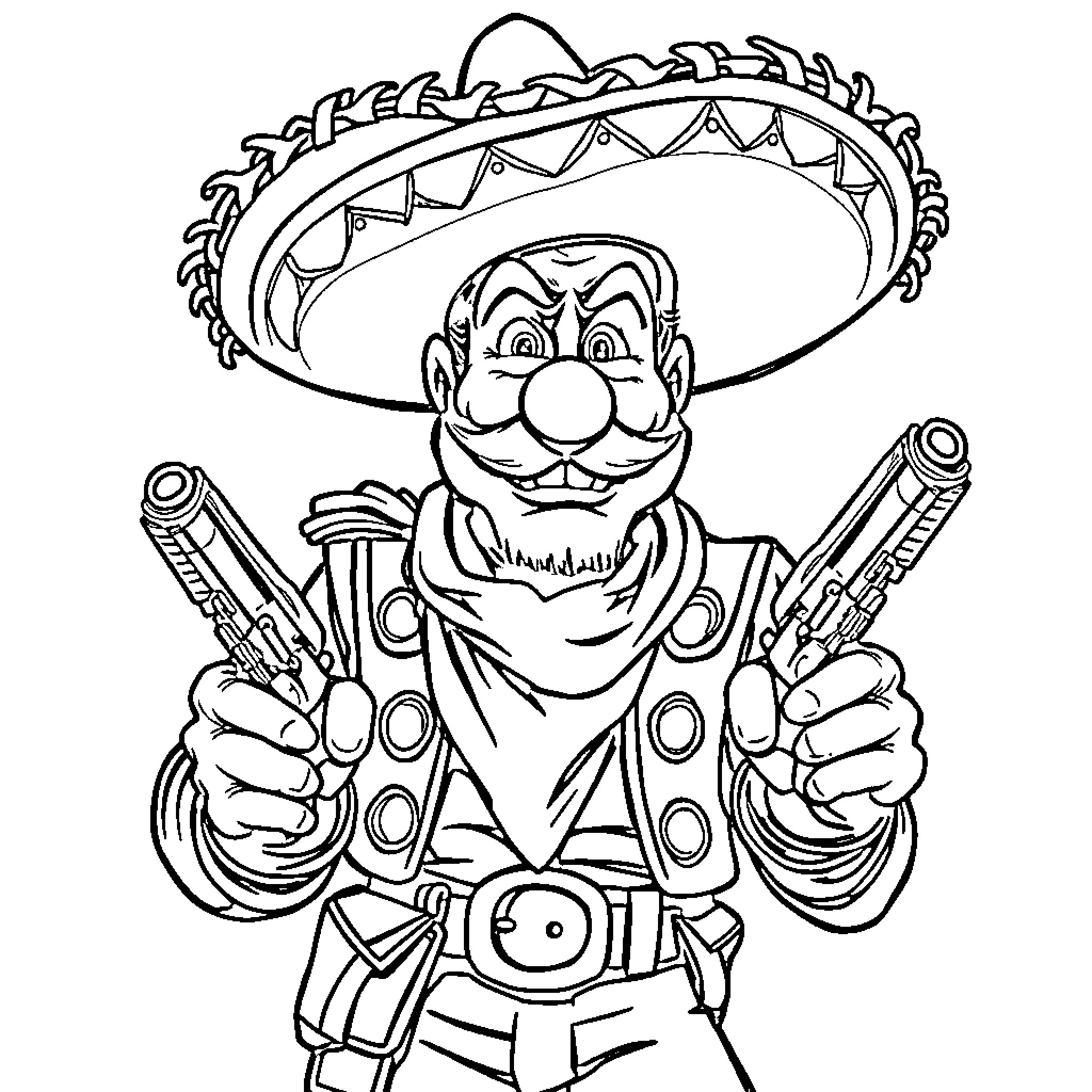 Yosemite Sam aiming his pistols in a determined pose Coloring Page (free black-and-white line drawing printable PDF for all, from beginners to advanced learners, including children, teens, adults, and seniors)