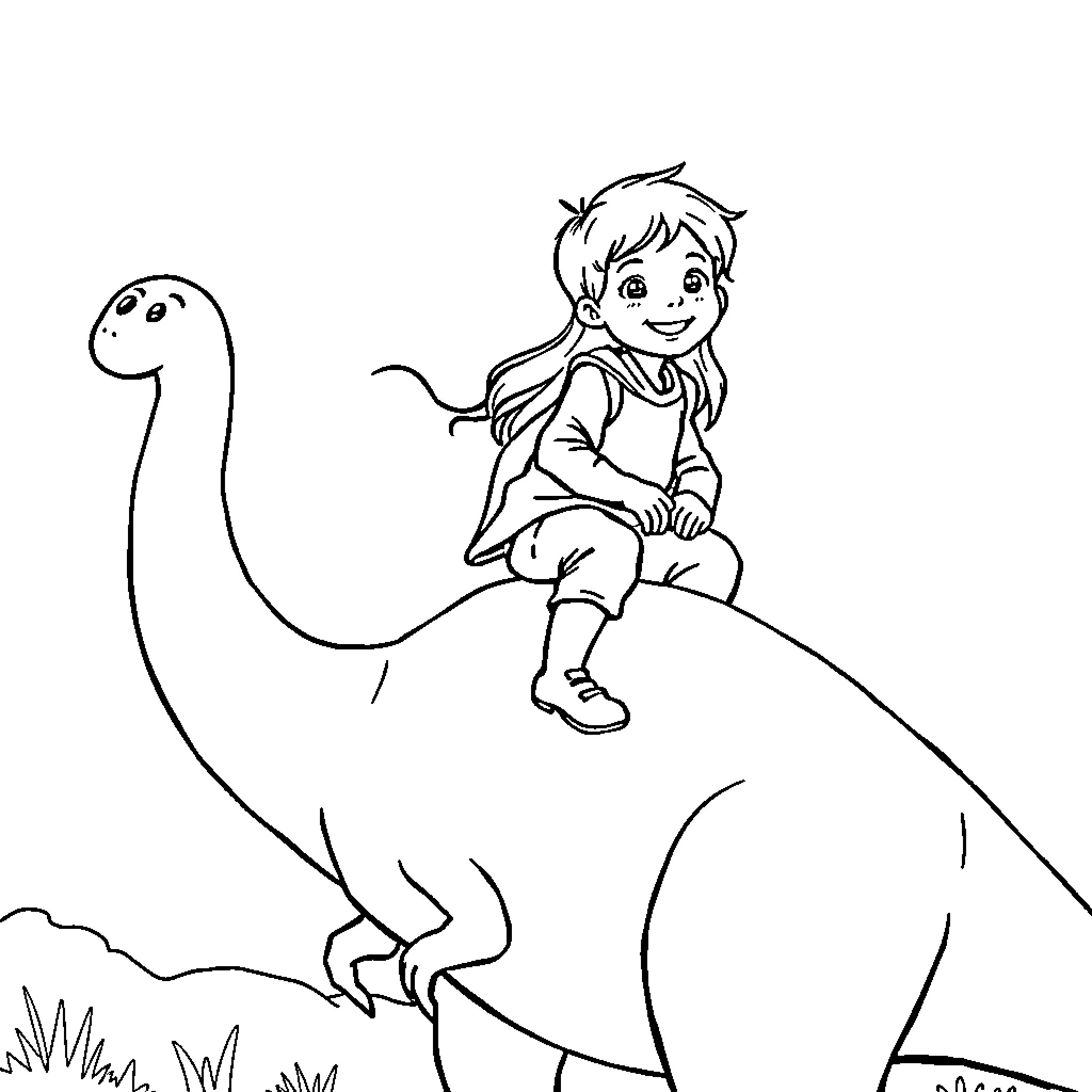 Boy riding on the back of a dinosaur Coloring Page (free black-and-white line drawing printable PDF for all, from beginners to advanced learners, including children, teens, adults, and seniors)