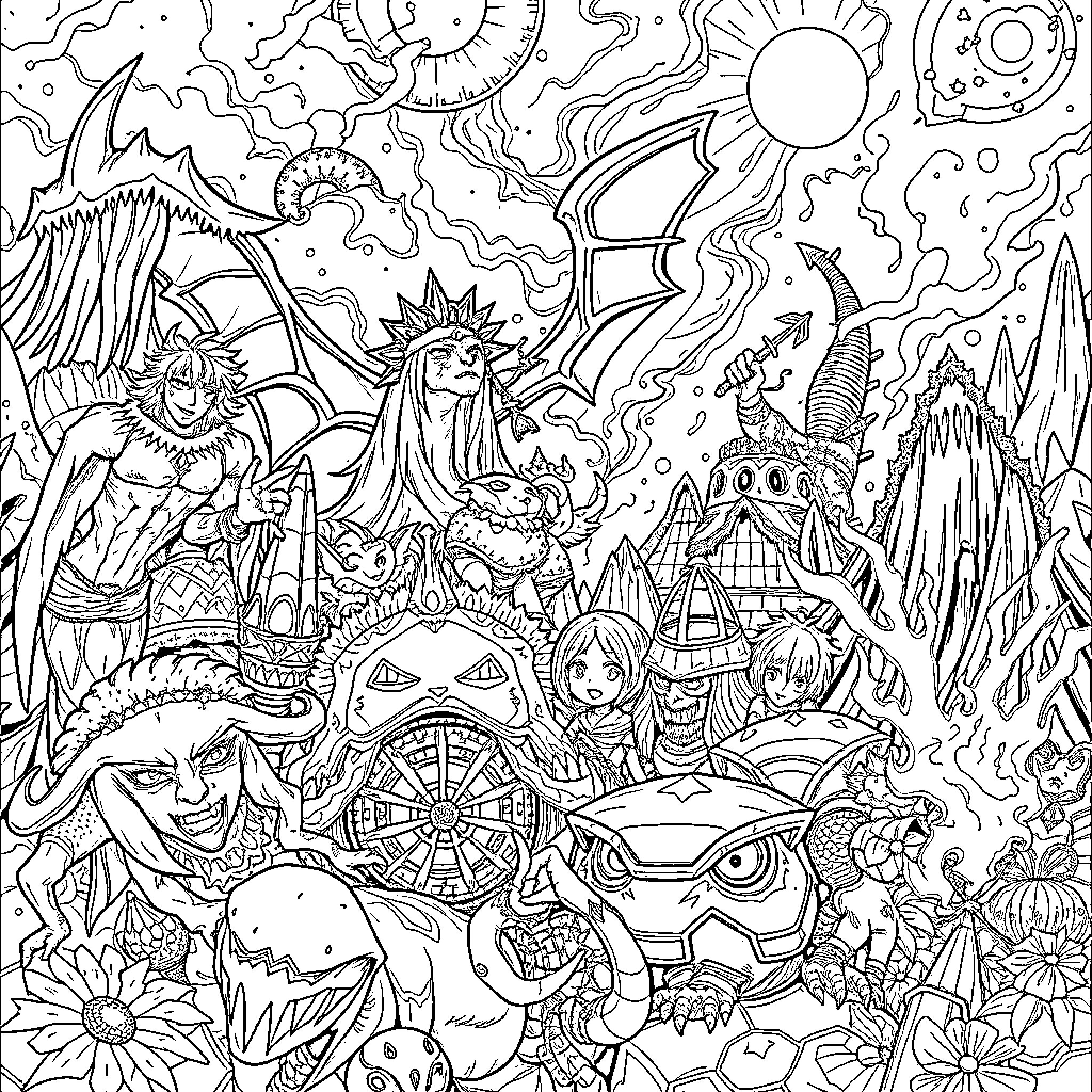 Fantasy Anime Characters in Fantastical Realm Coloring Page (free black-and-white line drawing printable PDF for all, from beginners to advanced learners, including children, teens, adults, and seniors)