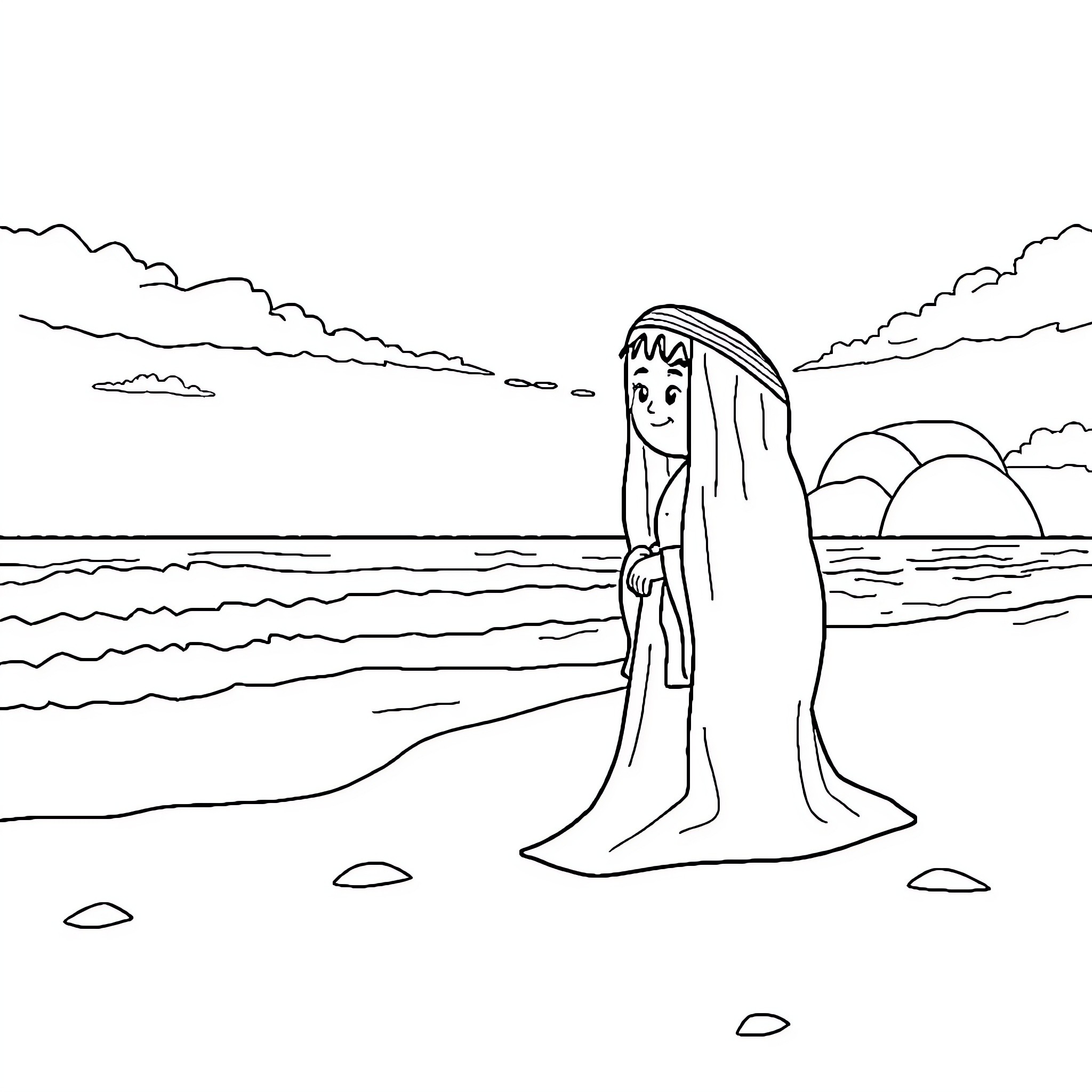 Sahur celebration by the serene beach Coloring Page (free black-and-white line drawing printable PDF for all, from beginners to advanced learners, including children, teens, adults, and seniors)